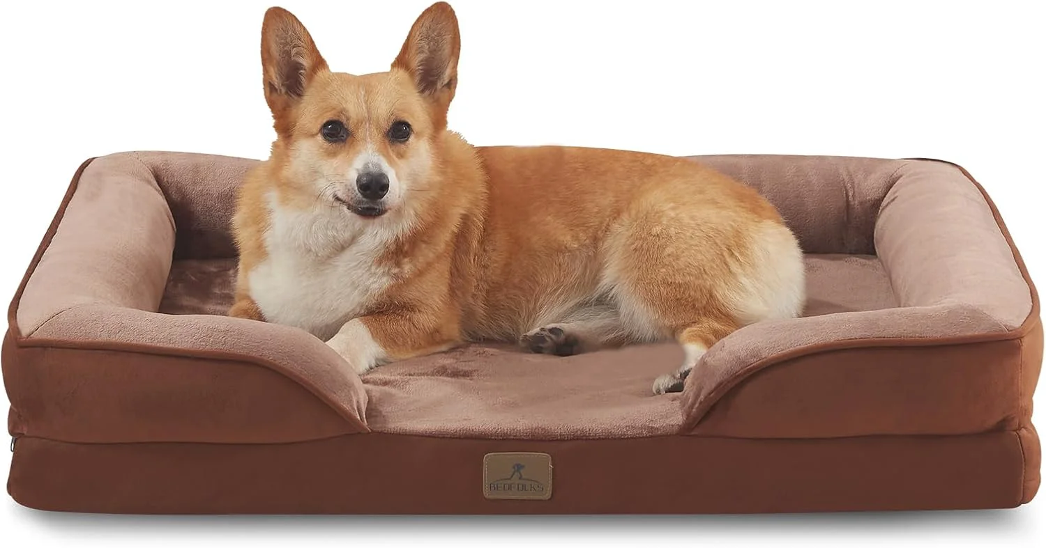 Advanced Bedfolks Orthopedic Dog Bed Waterproof Dog Sofa Bed for Large Dogs Egg Foam Pet Couch Bed with Removable Washable Cover and Nonslip Bottom Brown Genuine