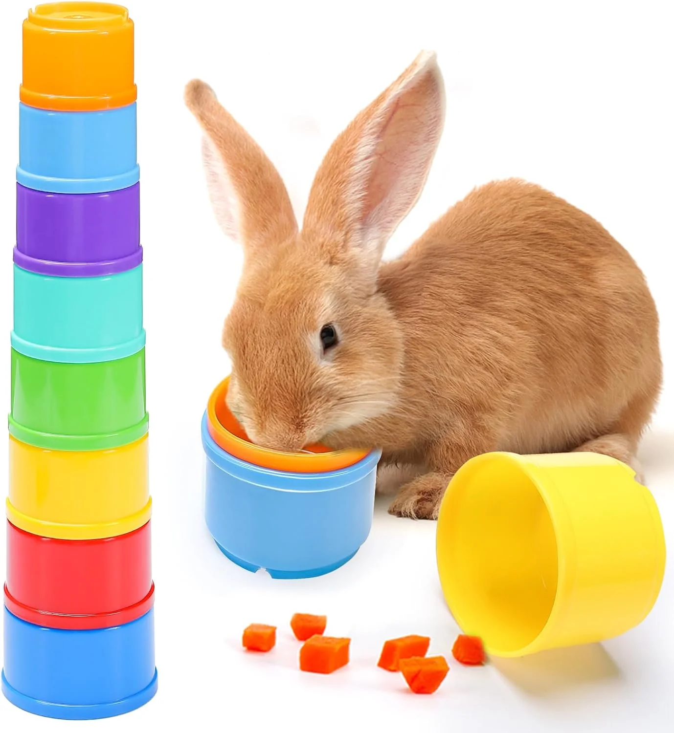 Secure MEWTOGO 8 Pcs Stacking Cups for Rabbits - Safe Reusable Bunny Toys in Different Sizes Durable Rainbow Colored Nesting Toys for Small Animals Bunny Hiding Food Playing Gifts Trusted