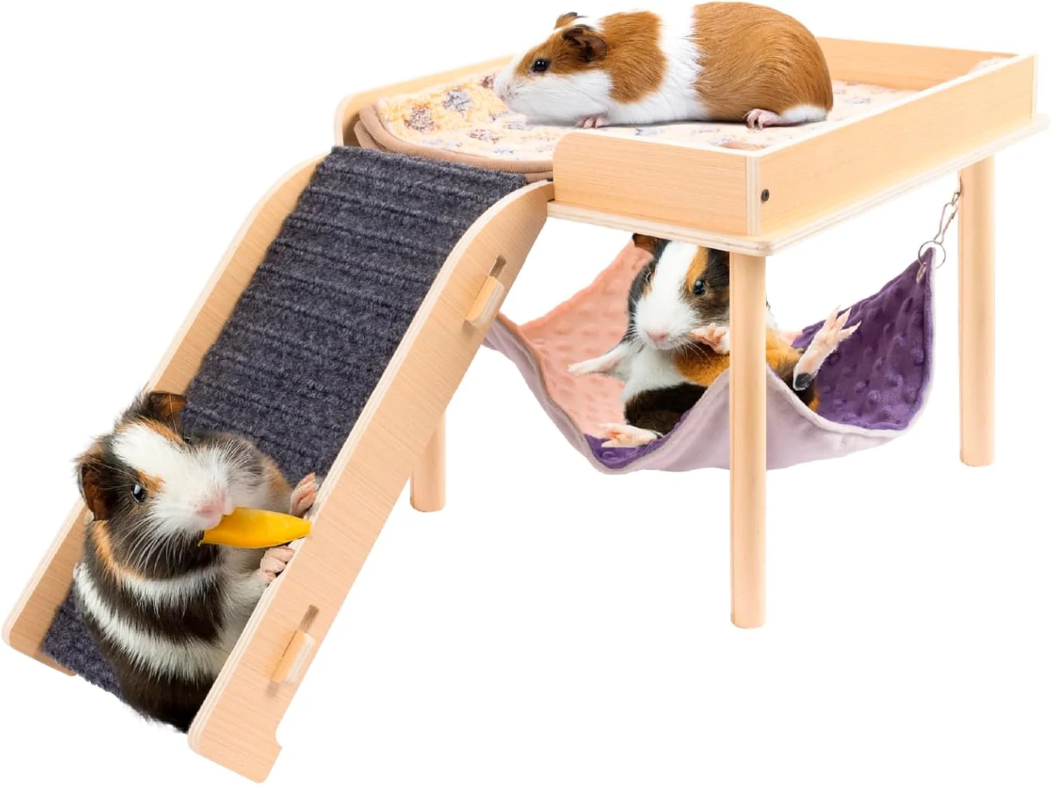 Natural Enlarged Guinea Pig Hammock with Platform and Stairs Wooden Small Animal Hideout for Guinea Pigs Bunny Ferret Hamster Hiding Sleeping Activities Single Comfortable