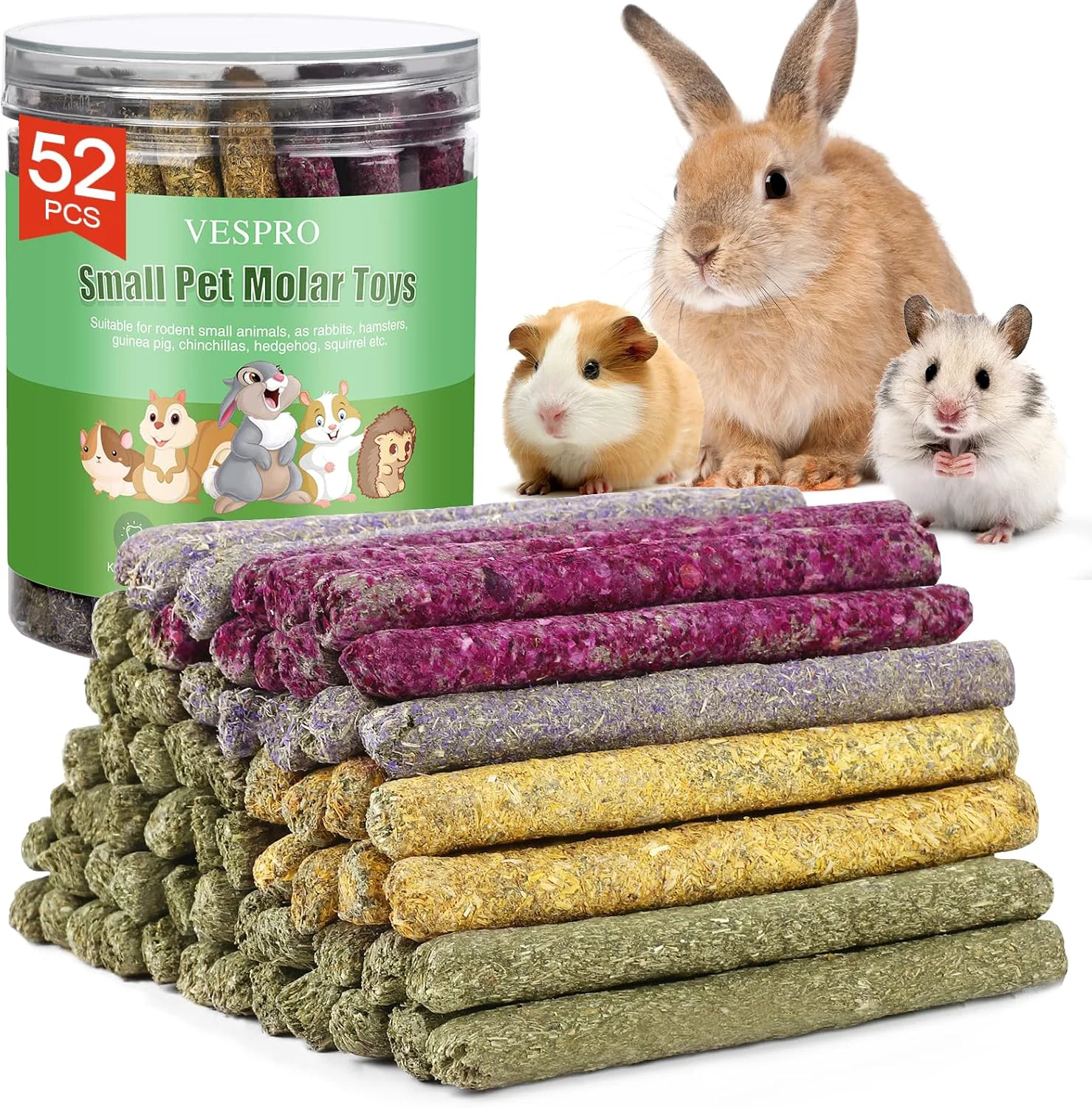 Eco-Friendly 52Pcs Rabbit Chew Sticks Guinea Pig Toys Natural Timothy Grass Molar Teeth Stick Mixing Flowers Roses Calendula and Forget Me Not Small Animals Treats Smooth