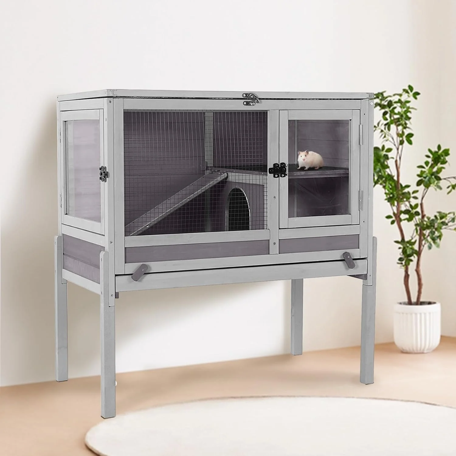 Expertly Made Guinea Pig Cage with Wooden Stand - Hamster Cage Small Animal Cage Anti Chew Ramp Hideout Platform Pull Out Tray Grey L Advanced
