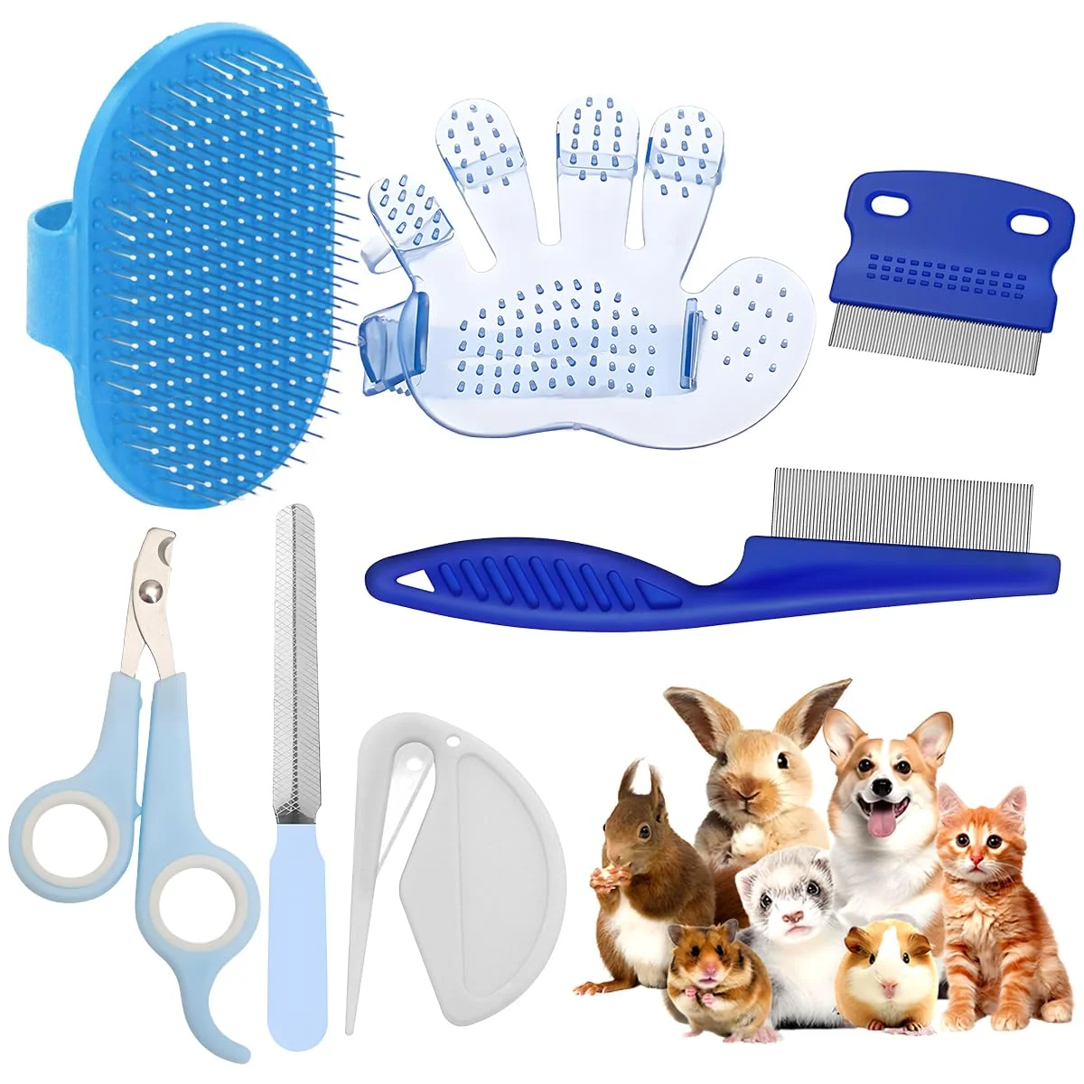 Elite Rabbit Grooming Kit – Bunny Grooming Kit with Shedding Brush Nail Clippers Comb – Small Animal Grooming Supplies for Rabbits Guinea Pigs Hamsters Ferrets - Small Pet Shedding Care Blue Contemporary