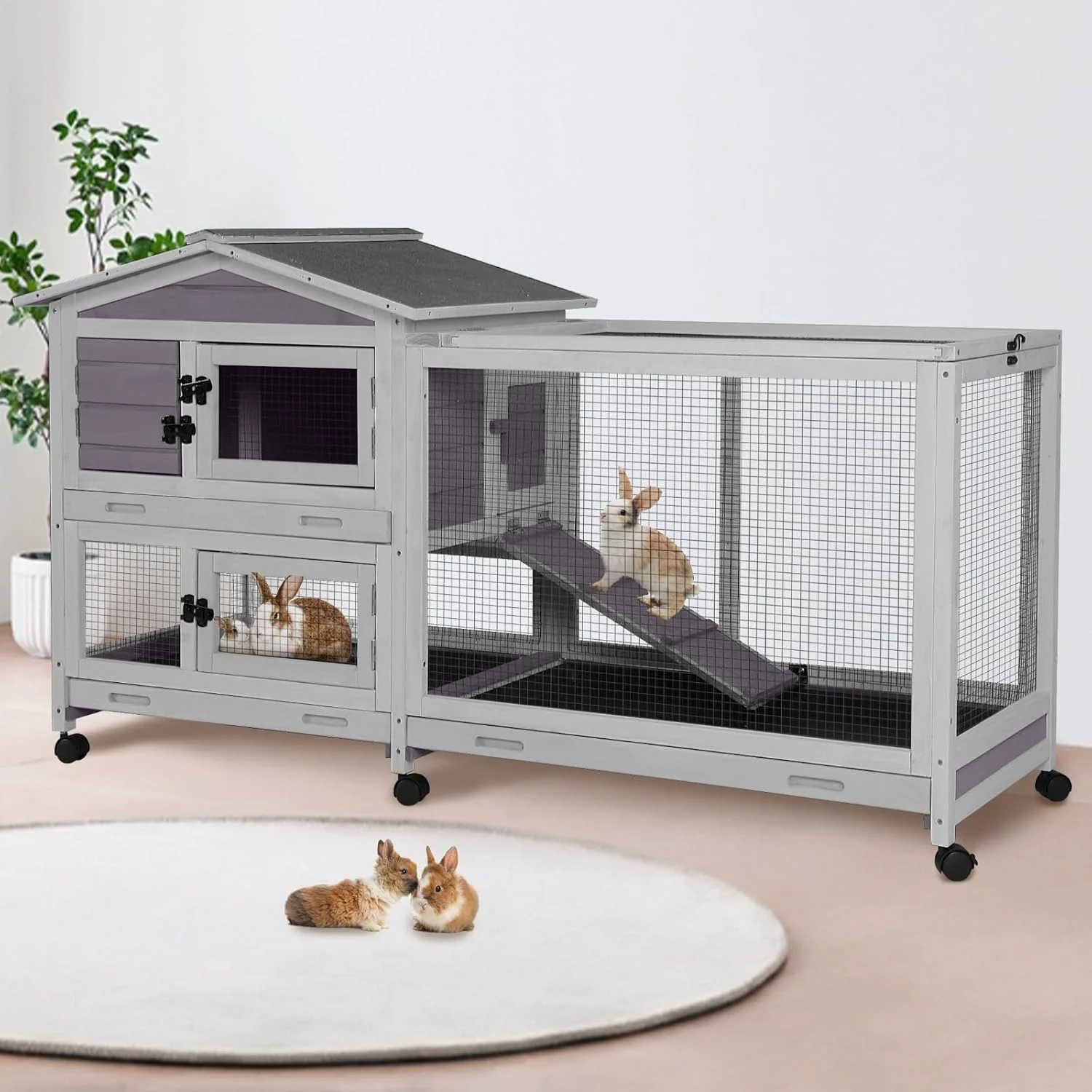 High-Grade 62 Rabbit Hutch with Chew-Proof Ramp Waterproof Roof - Indoor Outdoor Bunny Cage 2-Story Design 6 Lockable Caster Wheels Dual Pull-Out Trays Grey Contemporary
