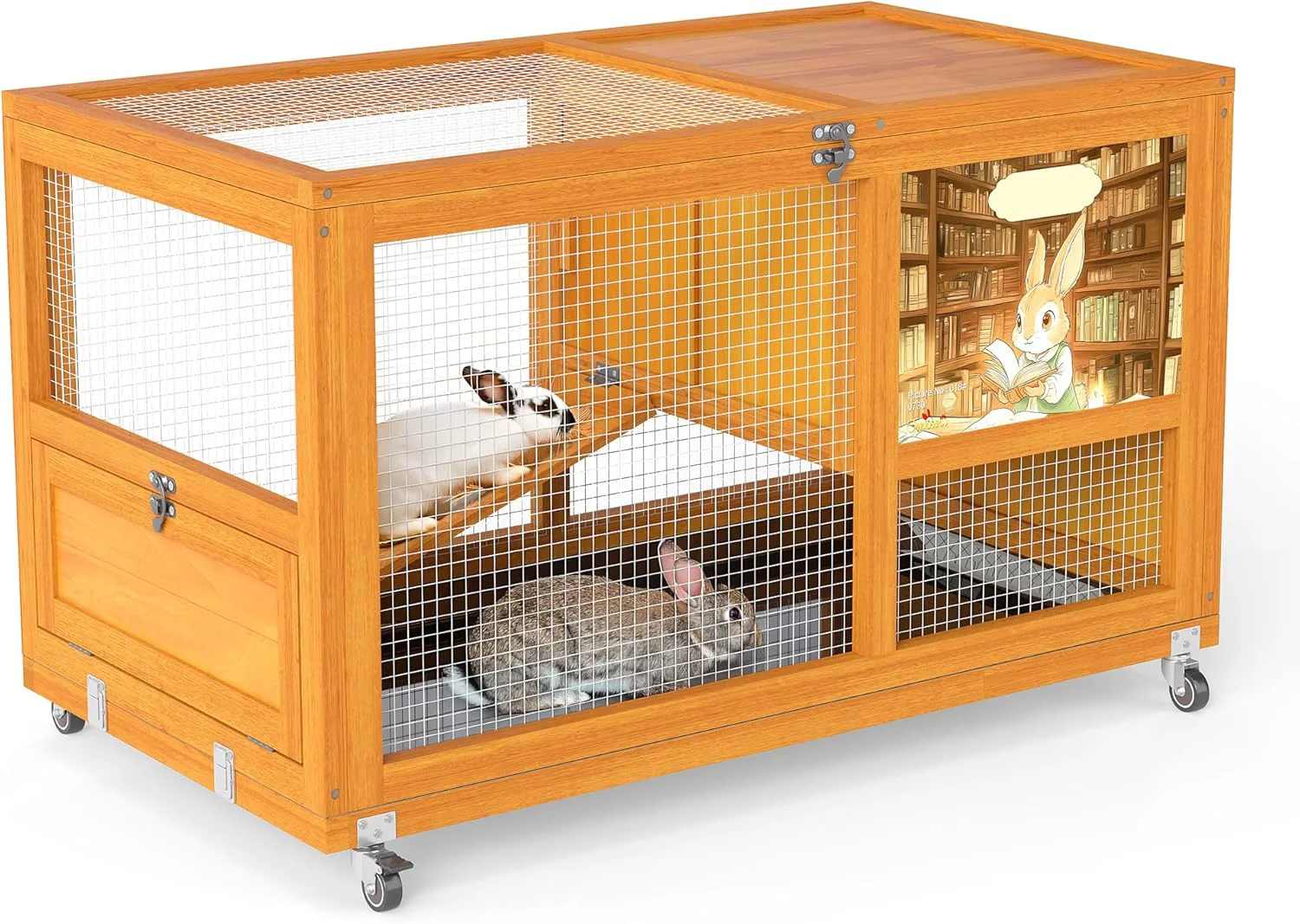 Unique COZIWOW Wooden 36Inches Rabbit Hutch Indoor with Wheels Bunny Cage Outdoor Rabbit Cage with Clean Tray Openable Roof Anti-Slip Ramp for Small Bunny Orange with Pattern Green