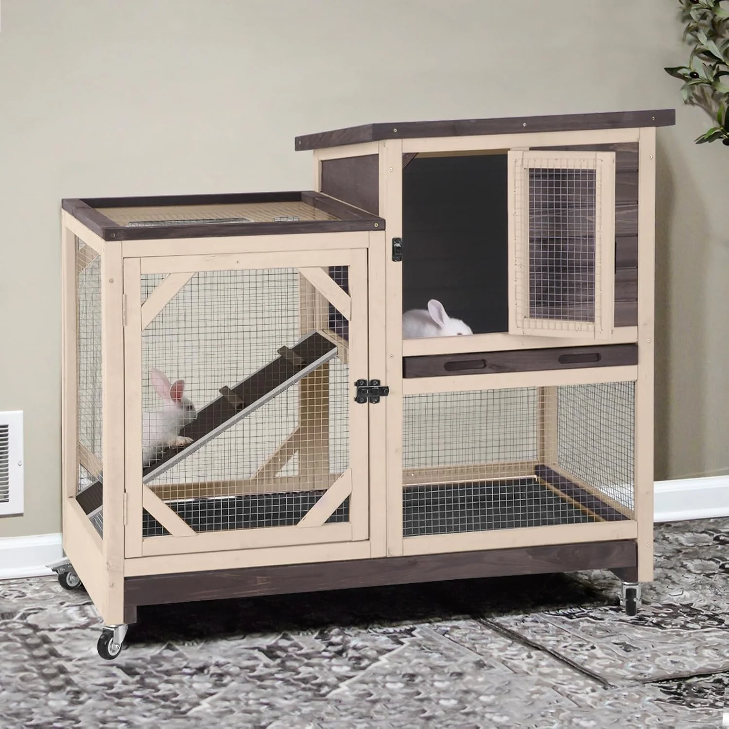 Innovative GUTINNEEN 2-Story Rabbit Hutch with Chew-Proof Ramp Pull-Out Trays - Indoor Outdoor 39.3 Wooden Rabbit Cage on Wheels for Rabbits Guinea Pigs Dark Brown Recyclable