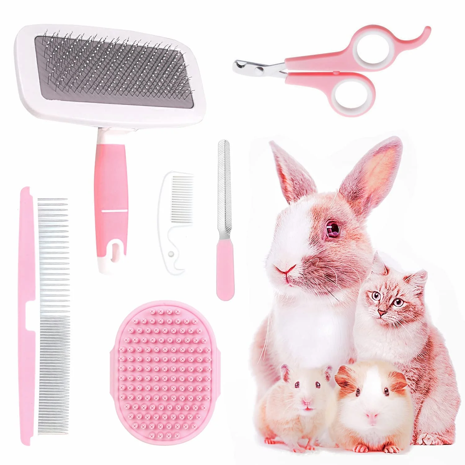 Superior Small Animal Pet Grooming Kit with Pet Shedding Slicker Brush Bath Massage Glove Pet Grooming Comb Nail Clipper Trimmer for Rabbit Puppy Kitten Guinea Pig Hamster Ferret Pink Environmentally Friendly