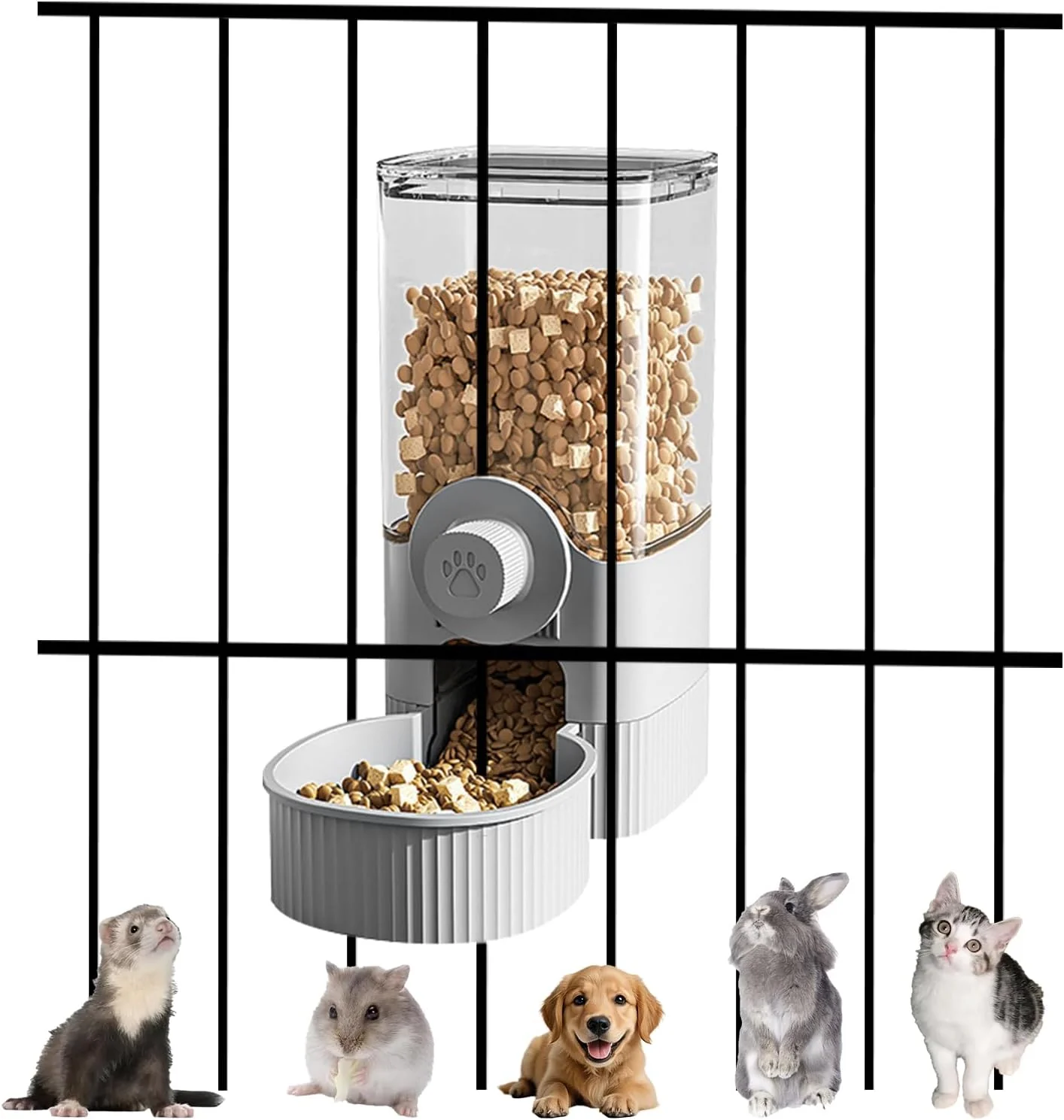 Luxury Auto Gravity Food Dispenser for Cage Hanging 41OZ Capacity Hanging Automatic Pet Cage Feeder Food Bowl for Cats Dogs Rabbit Ferret Chinchilla Bird Hedgehog Guinea Pig Grey Comfortable