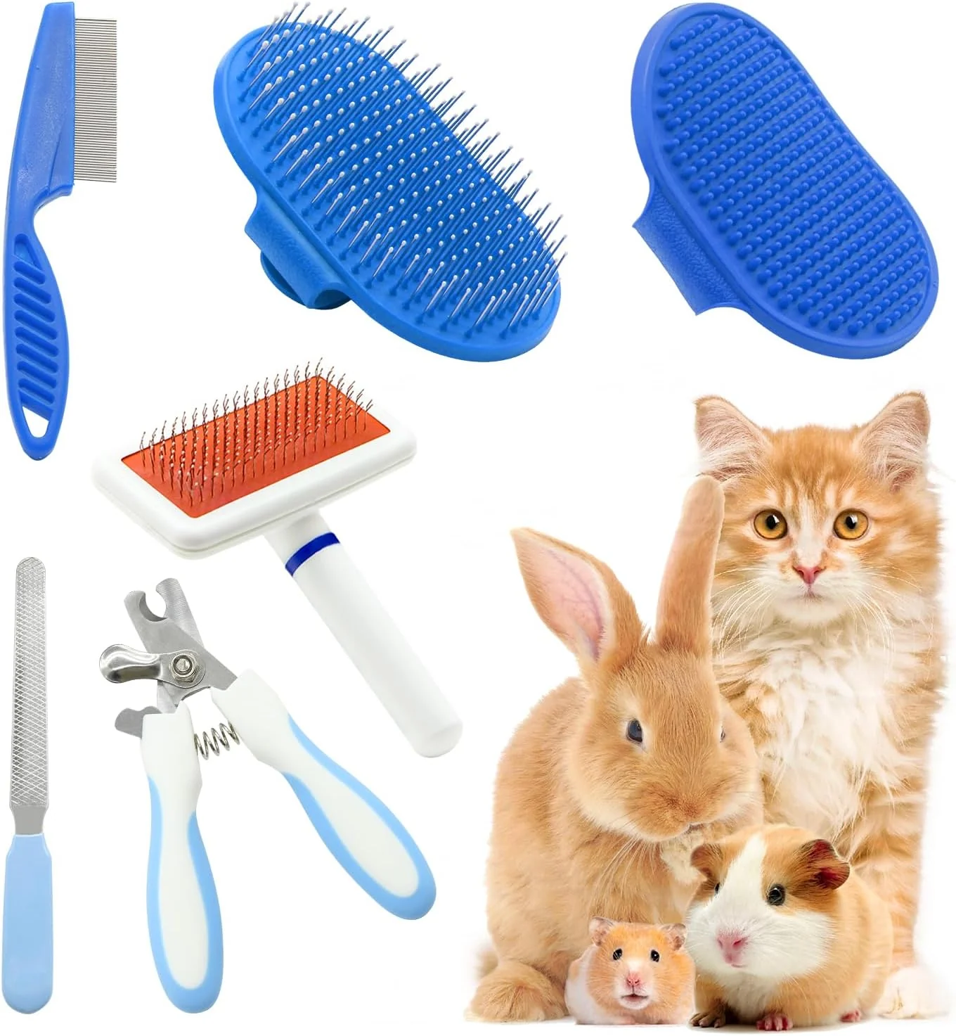 High-Performance Pet Grooming Kit with Slicker Brush Bath Massage Glove Brush Pet Shedding Comb Nail Clipper Trimmer 6 Piece Set for Rabbit Kitten Guinea Pig Cat Chinchilla Ferret Small Animals Artisan