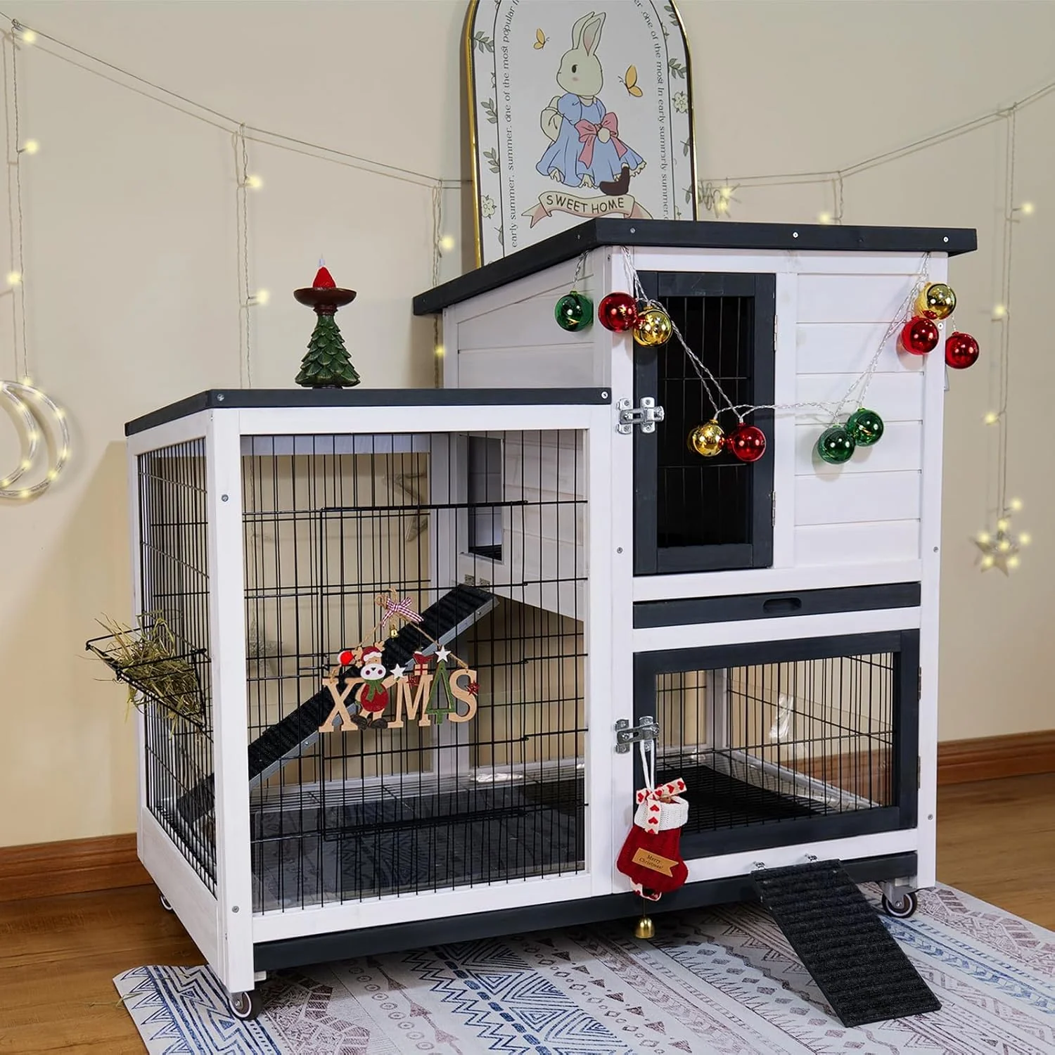 High-Performance Bunny Hutch Indoor Rabbit Cage Outdoor 2-Story Rabbit House with Urine Guards and 2 Removable Tray for Small Animals Efficient