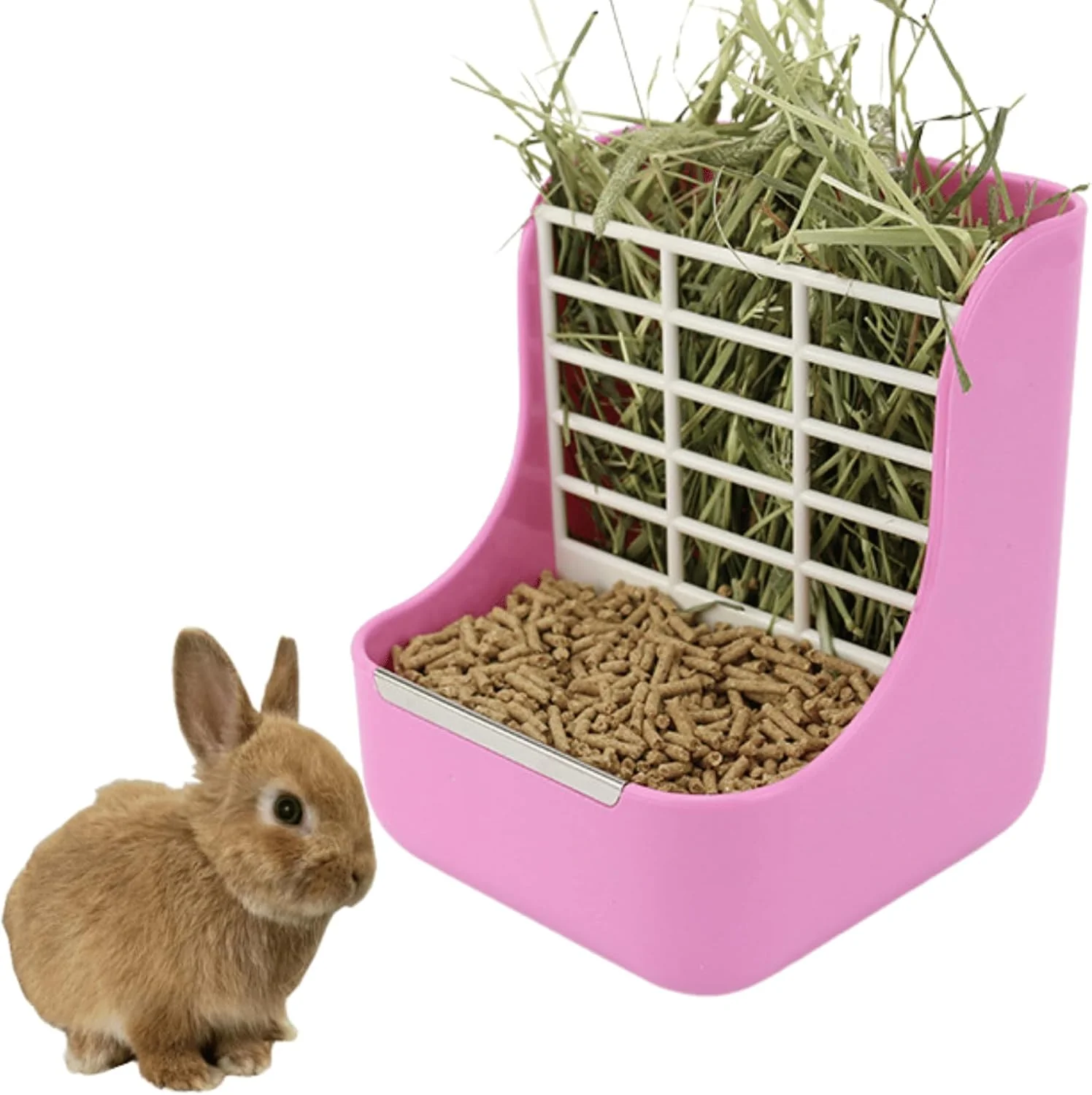 Optimized 2 in 1 Food Hay Feeder for Guinea Pig Rabbit Feeder Indoor Hay Feeder for Guinea Pig Rabbit Chinchilla Feed Bowls Use for Grass Food Pink Traditional