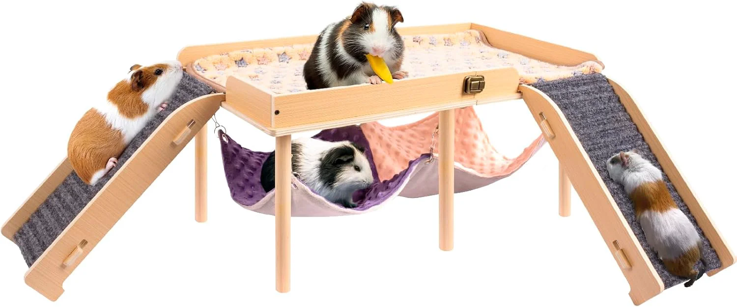 Innovative Enlarged Guinea Pig Hammock with Platform and Stairs Wooden Foldable Piggies Hideout for Guinea Pigs Bunny Ferret Hamster Hiding Sleeping Activities 24L x 12W x 11H in（Double） Exclusive
