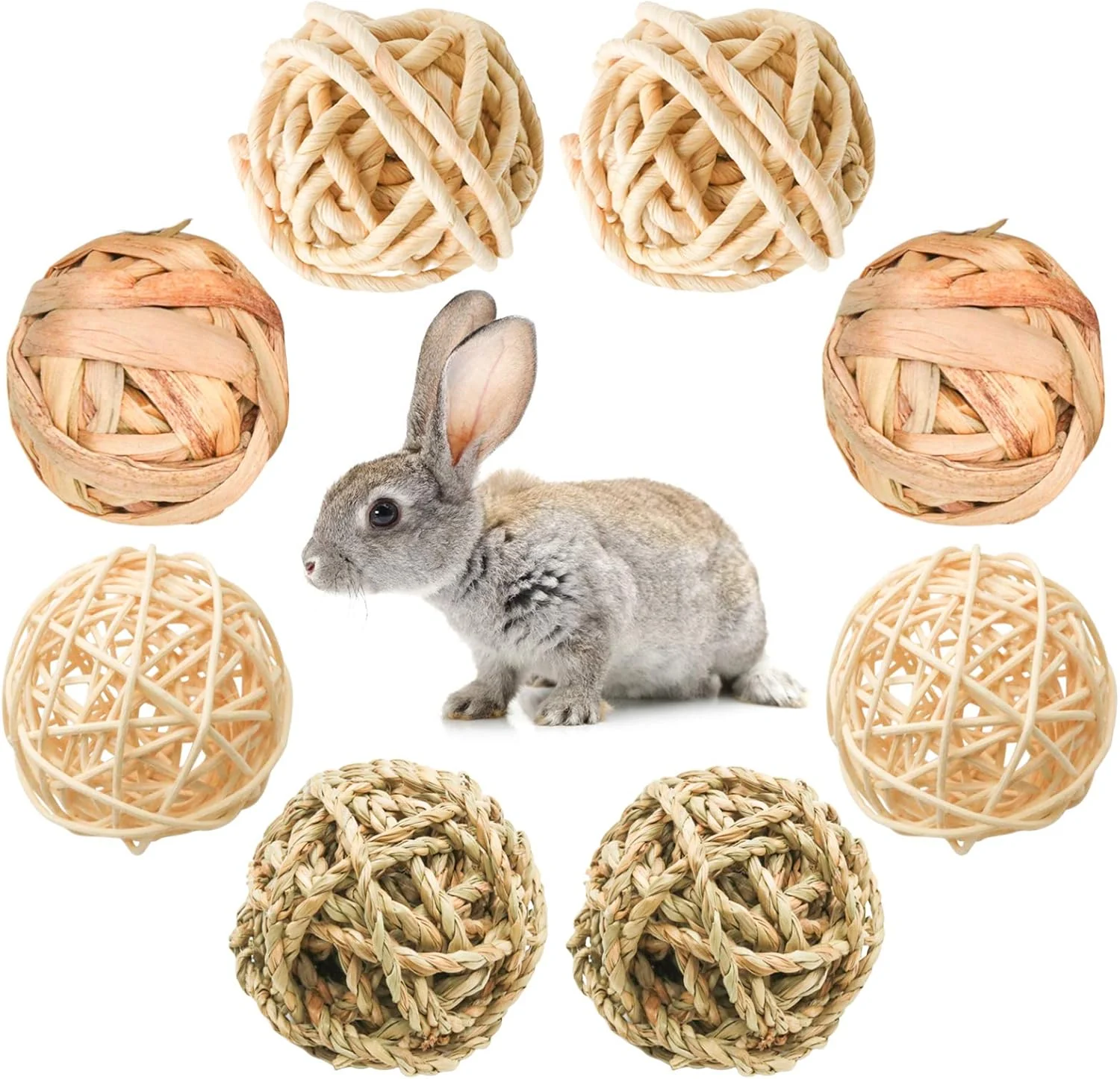 Advanced 8 Pcs Small Animals Play Balls Rolling Activity Chew Toys Gnawing Treats for Rabbits Guinea Pigs Chinchilla Bunny Natural Balls Pet Cage Entertainment Accessories 8Pcs Environmentally Friendly