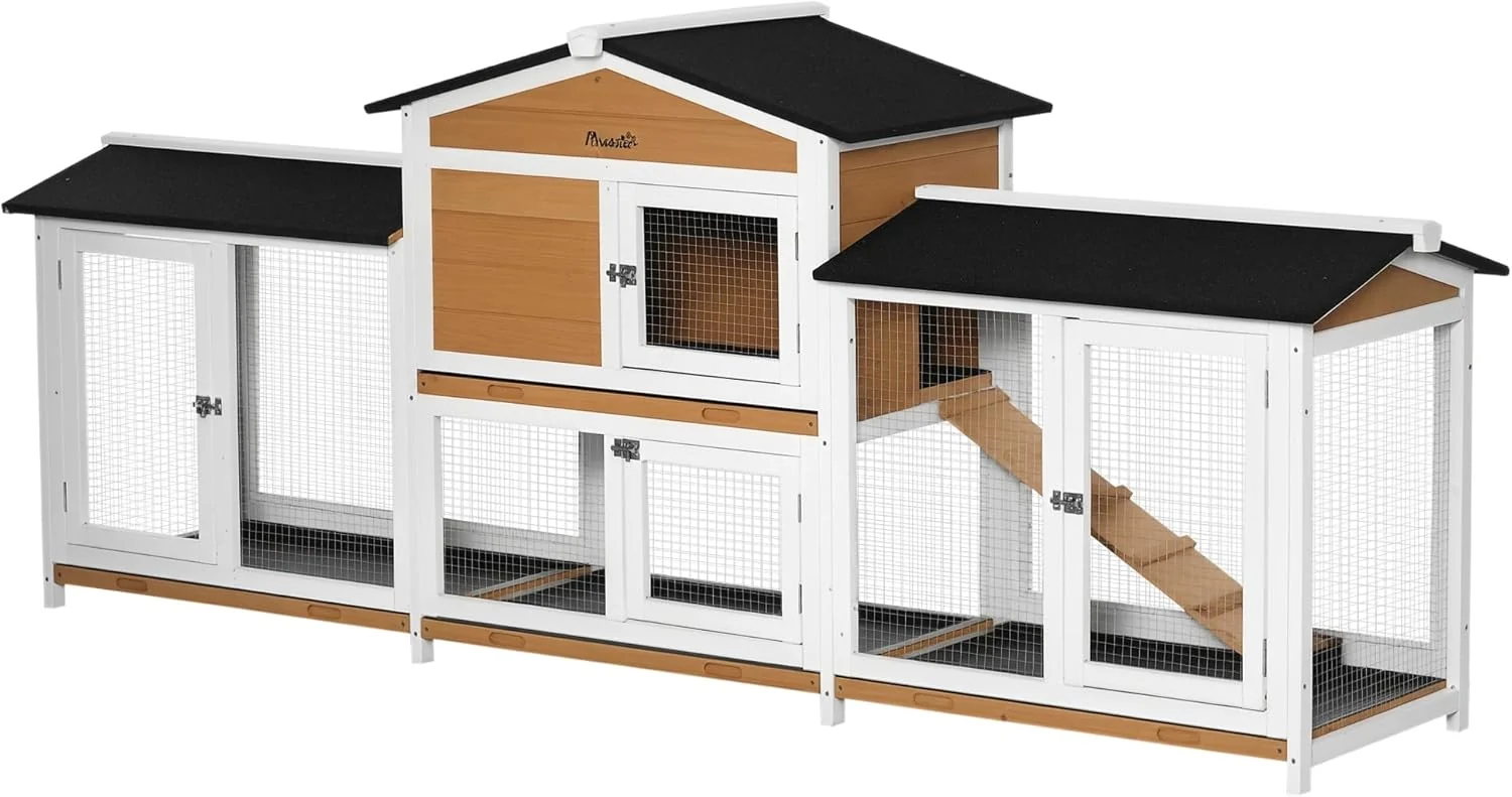 Elegant PawHut 90.5 Wooden Rabbit Hutch Bunny Cage Pet Playpen House Enclosure with Double Side Run Boxes No Leak Tray Ramp for Rabbits Chickens Ducks Guinea Pig and Small Animals White Relaxed