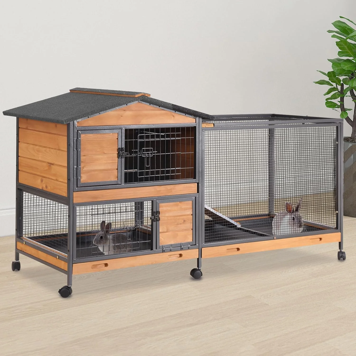 Fine Crafted 2-Story Rabbit Cage with Chew-Proof Metal Frame for Indoor Outdoor - 62 Bunny Hutch Guinea Pig Cages with 6 Locking Wheels 2 Removable Trays for Rabbits Guinea Pigs Enhanced