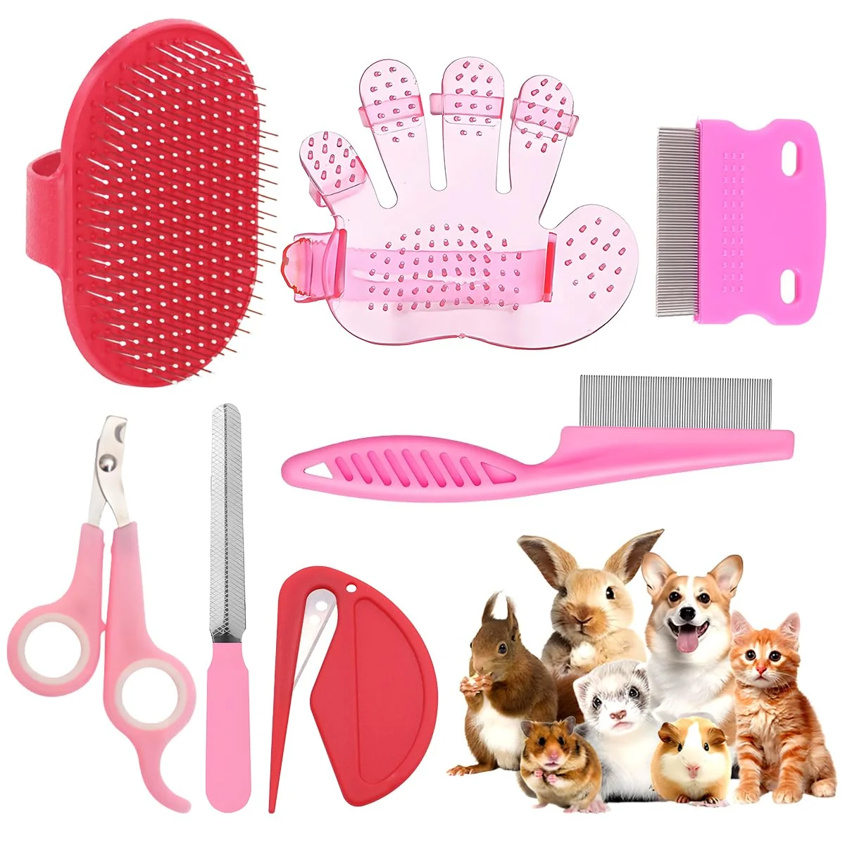 Lightweight Rabbit Grooming Kit – Bunny Grooming Kit with Shedding Brush Nail Clippers Comb – Small Animal Grooming Supplies for Rabbits Guinea Pigs Hamsters Ferrets - Small Pet Shedding Care Pink Durable