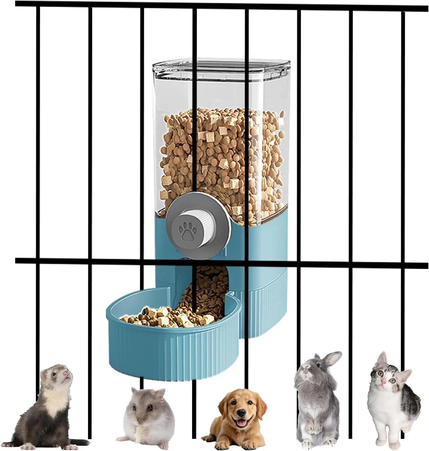 Enhanced Auto Gravity Food Dispenser for Cage Hanging 41OZ Capacity Hanging Automatic Pet Cage Feeder Food Bowl for Cats Dogs Rabbit Ferret Chinchilla Bird Hedgehog Guinea Pig Blue Traditional