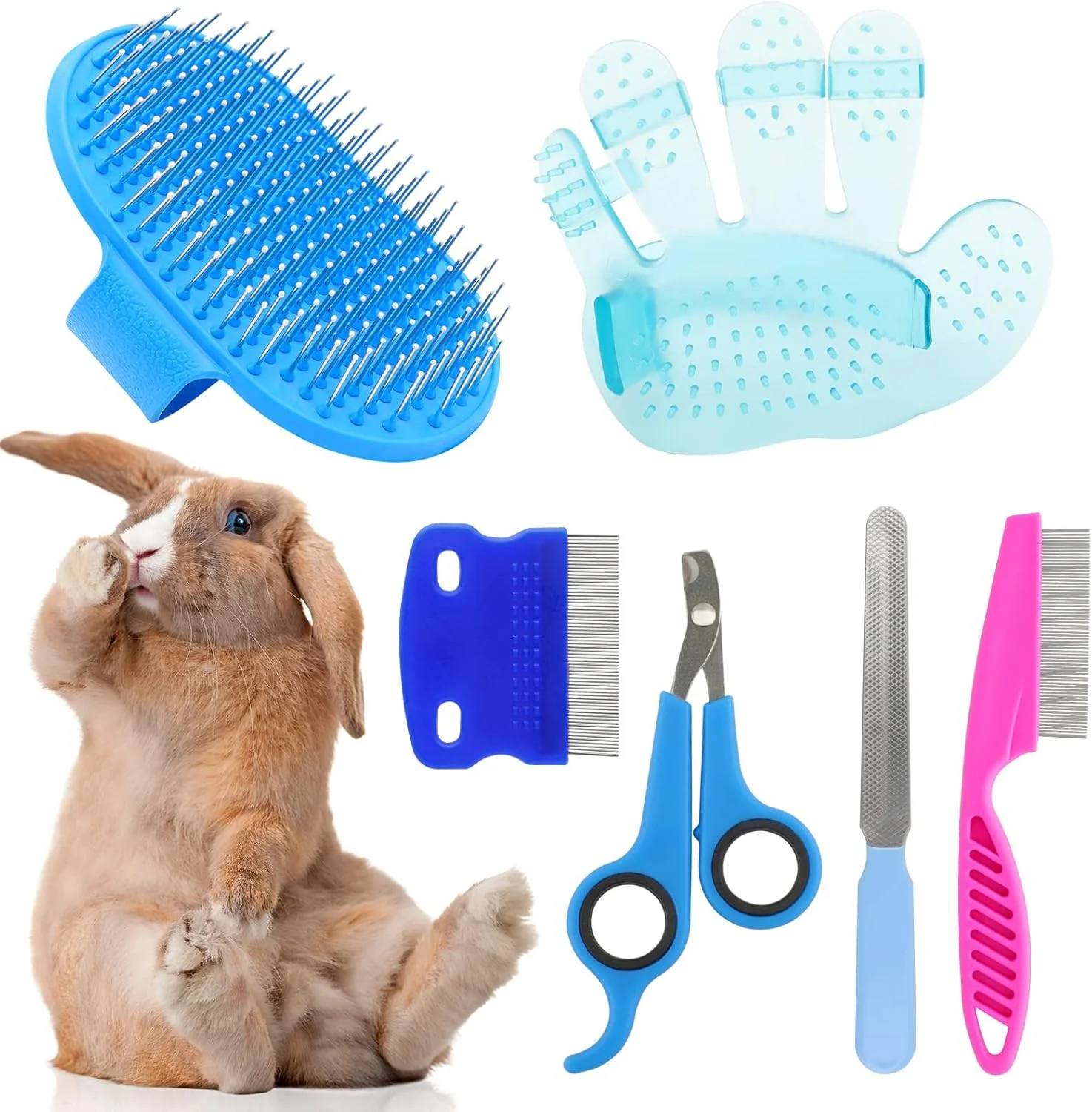 Original Rabbit Grooming Kit Rabbit Brush for Shedding with Bunny Nail Clipper Rabbit Nail Trimmers with Pet Combs for Hamster Guinea Pig Ferret by KALAMANDA 6 Pack Safe