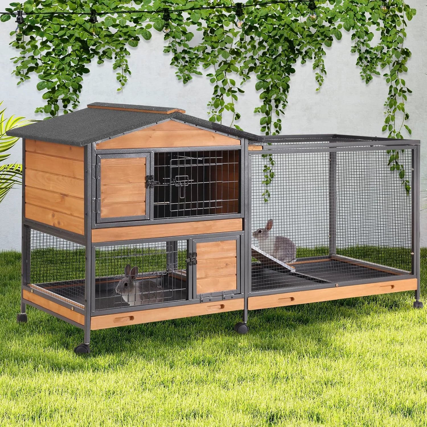 Environmentally Friendly GUTINNEEN 2-Story Rabbit Hutch with Chew-Proof Full Metal Frame for Indoor Outdoor - 62 Bunny Cage with 6 Locking Casters 2 Pull-Out Trays for Rabbits Guinea Pigs Small Pets Brown Premium