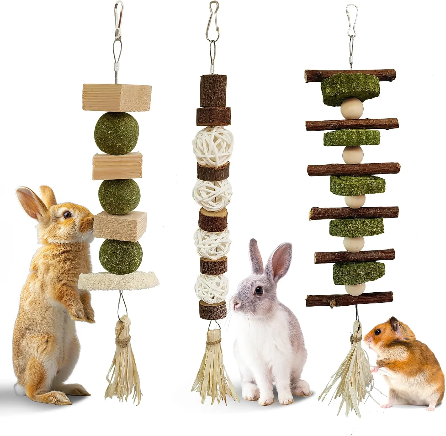 Original Design WDEFUN 3 PCS Bunny Chew Toys Natural Hanging Rabbit Chew Toy Treats for Guinea Pigs Hamsters Gerbils Chinchilla and Other Small Pets for Teeth Grinding Breathable