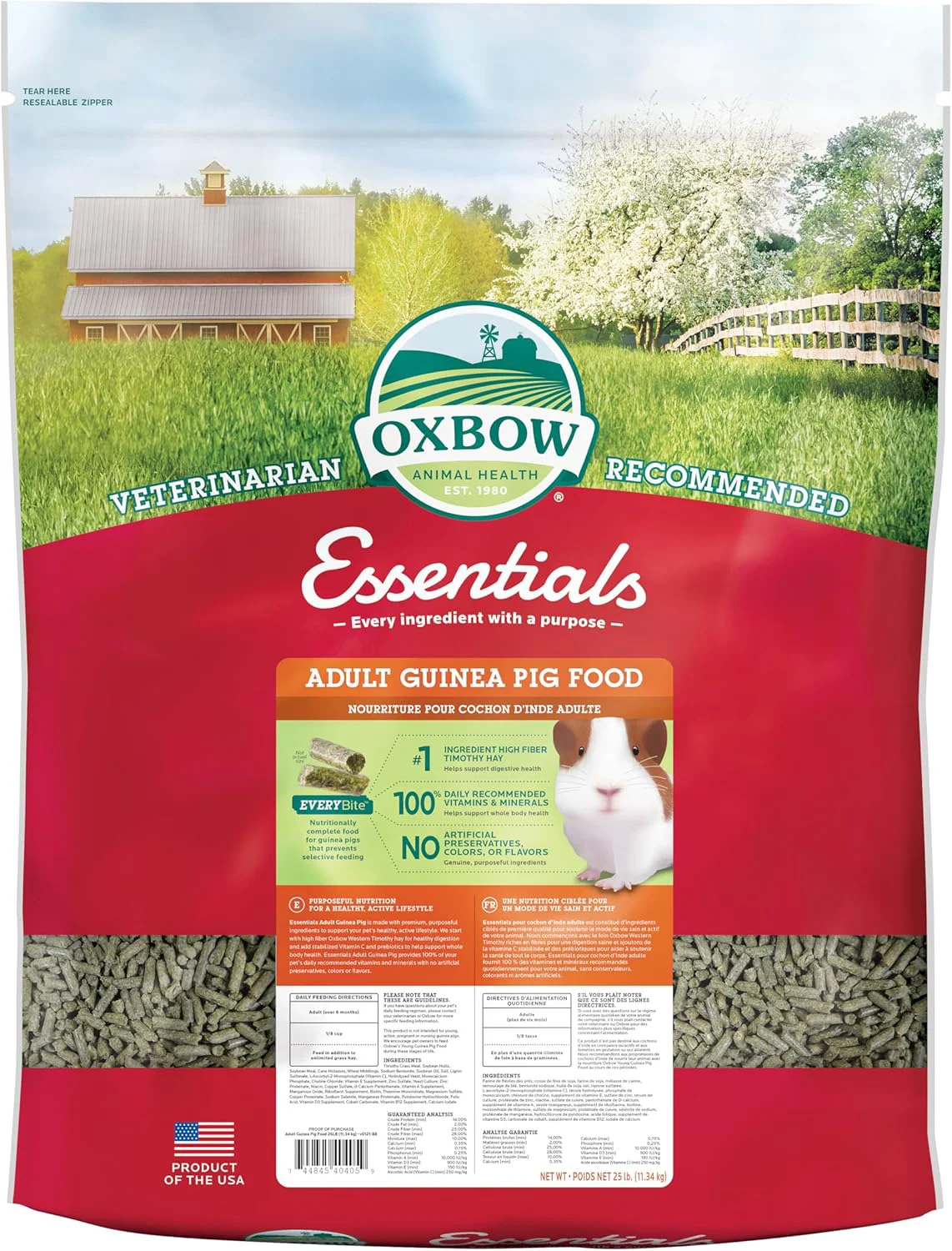 Original Design Oxbow Essentials Adult Guinea Pig Food - All Natural Adult Guinea Pig Pellets- No Artificial Ingredients- Veterinarian - All Natural Vitamins Minerals- Made in the USA - 25 lb. Reusable