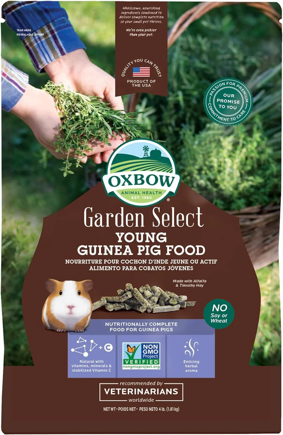 Solid Oxbow Garden Select Guinea Pig Food Young Made Alfalfa for Guinea Pig Pet Food Pellets with Vitamin C Non-GMO No Soy Small Animal Pet Products Made in USA High Fiber 4 lb. Bag High-Performance