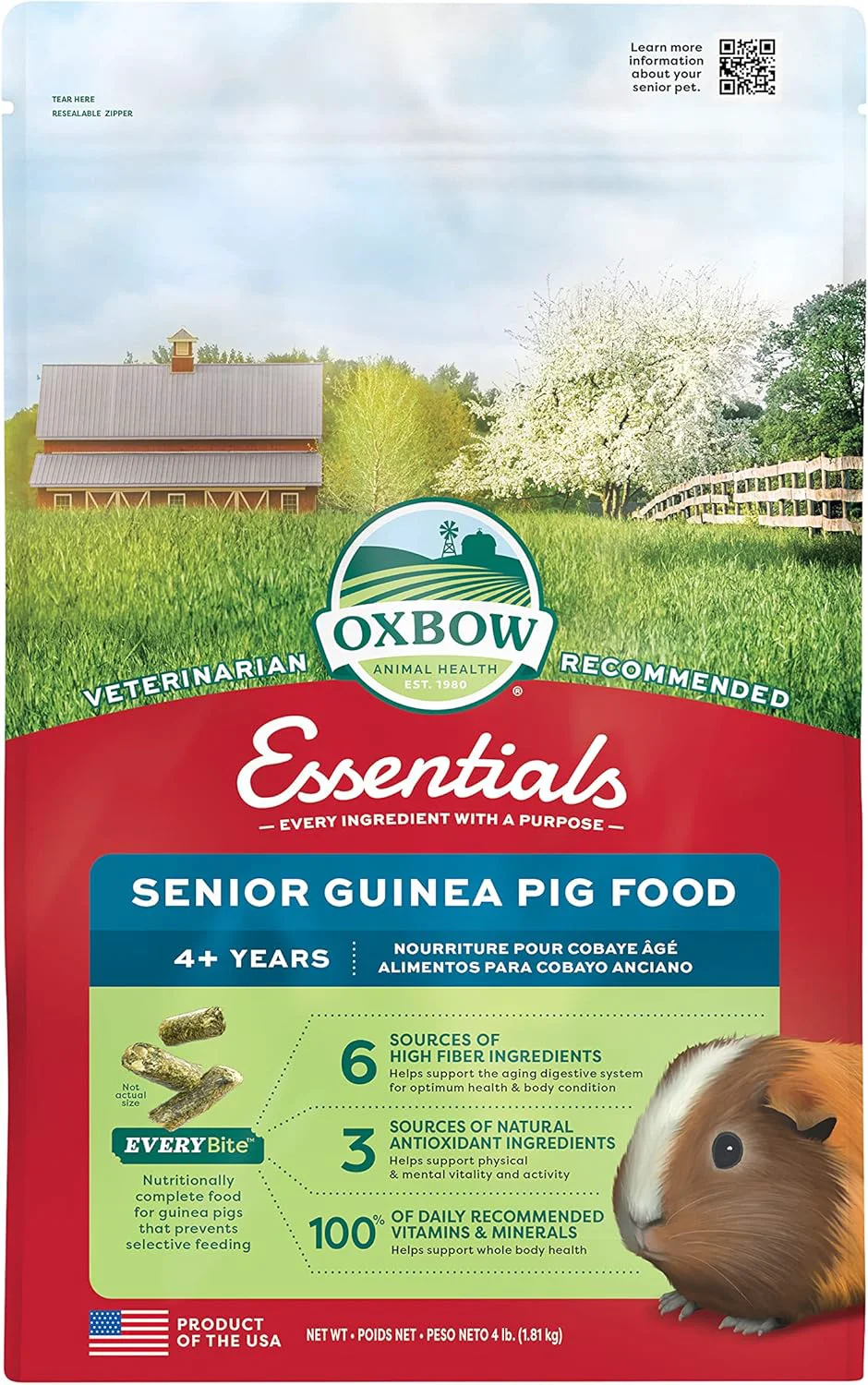 Carefully Designed Oxbow Essentials Guinea Pig Food Senior Made Alfalfa for Guinea Pig Pet Food Pellets with Vitamin C Small Animal Pet Products Made in USA High Fiber 4 lb. Bag Enhanced