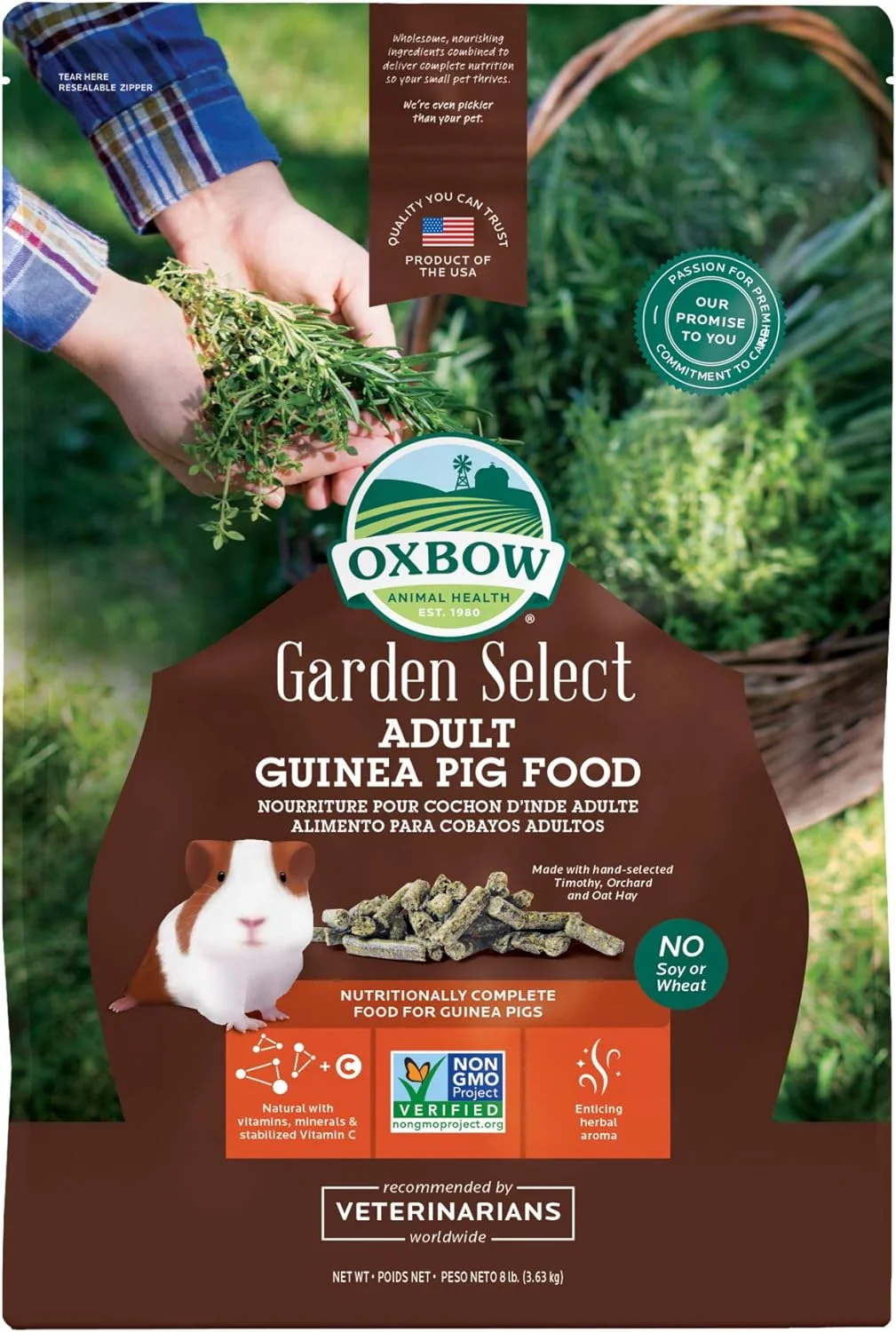 Solid Oxbow Garden Select Guinea Pig Food Adult Made Timothy Hay for Guinea Pig Pet Food Pellets with Vitamin C Non-GMO Small Animal Pet Products Made in USA High Fiber 8 lb. Bag High-Grade
