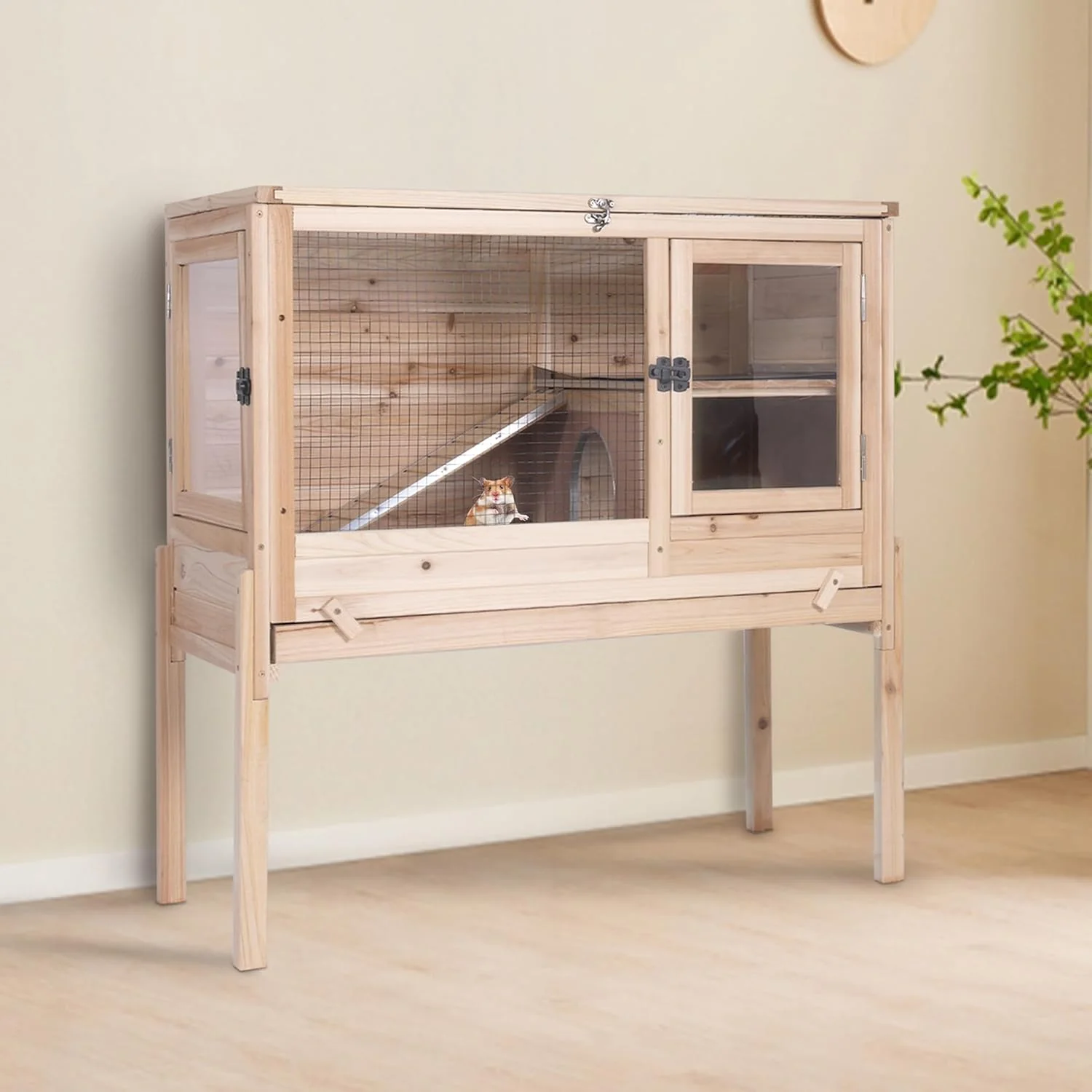Soft GUTINNEEN Guinea Pig Cage Rabbit Cage Indoor with Chew-Proof Edges Clean Deep Tray Leakproof PVC Layer Small Animals Cage with Adjustable Legs - Natural Wood Color Advanced