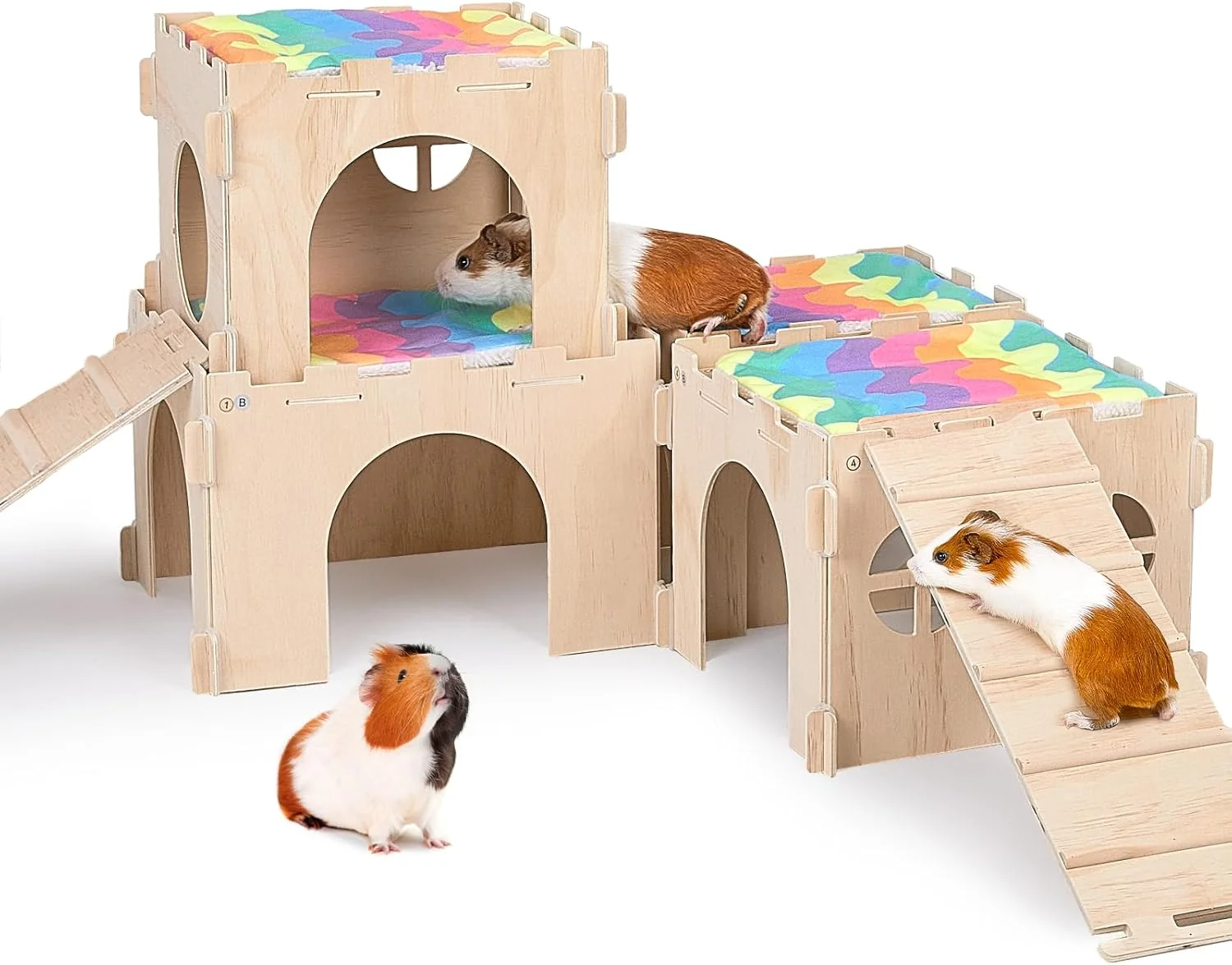 Unique Guinea Pig Hideout Guinea Pigs House with Stairs and Mats Extra Large Guinea Piggy Castle Detachable Hideouts for Small Animals Wooden Guinea Pig Habitats with Multiple Doors and Windows Fashionable