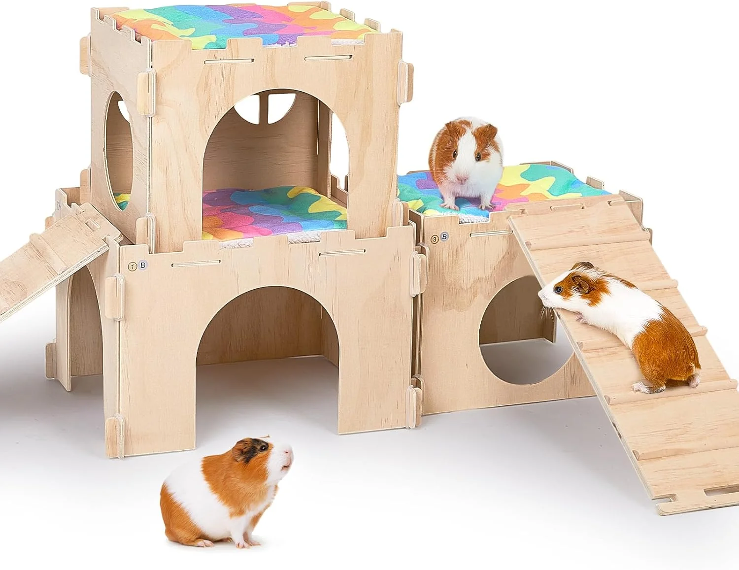 Expertly Made Guinea Pig Hideout Guinea Pigs House with Stairs and Mats Extra Large Guinea Piggy Castle Detachable Hideouts for Small Animals Wooden Guinea Pig Habitats with Multiple Doors and Windows Artisan