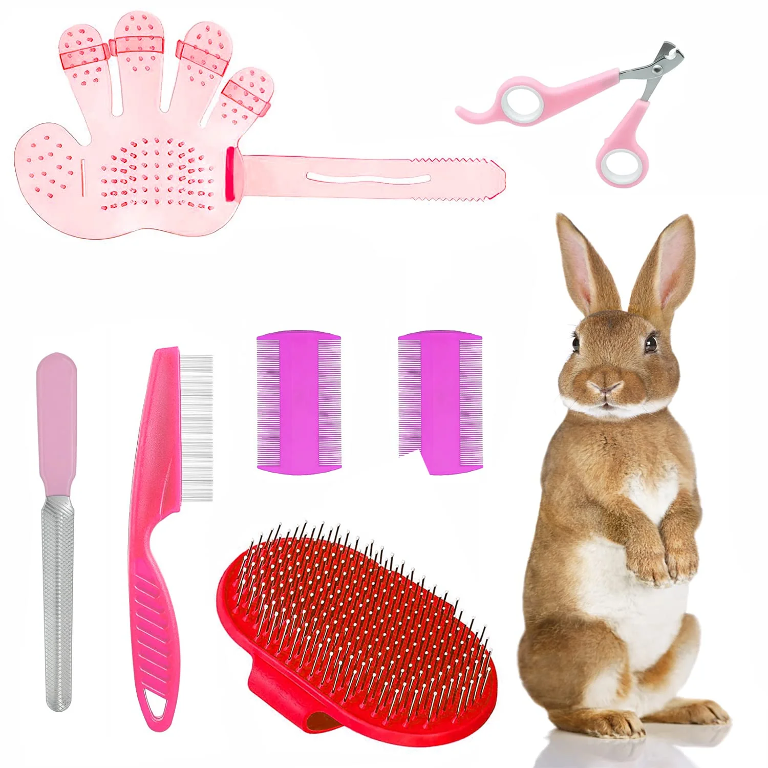 Easy-to-Use 7-Piece Small Pet Grooming Kit Brush Nail Clippers Hair Remover Shampoo Brush with Hand Strap for Rabbits Hamsters Bunnies Prestigious