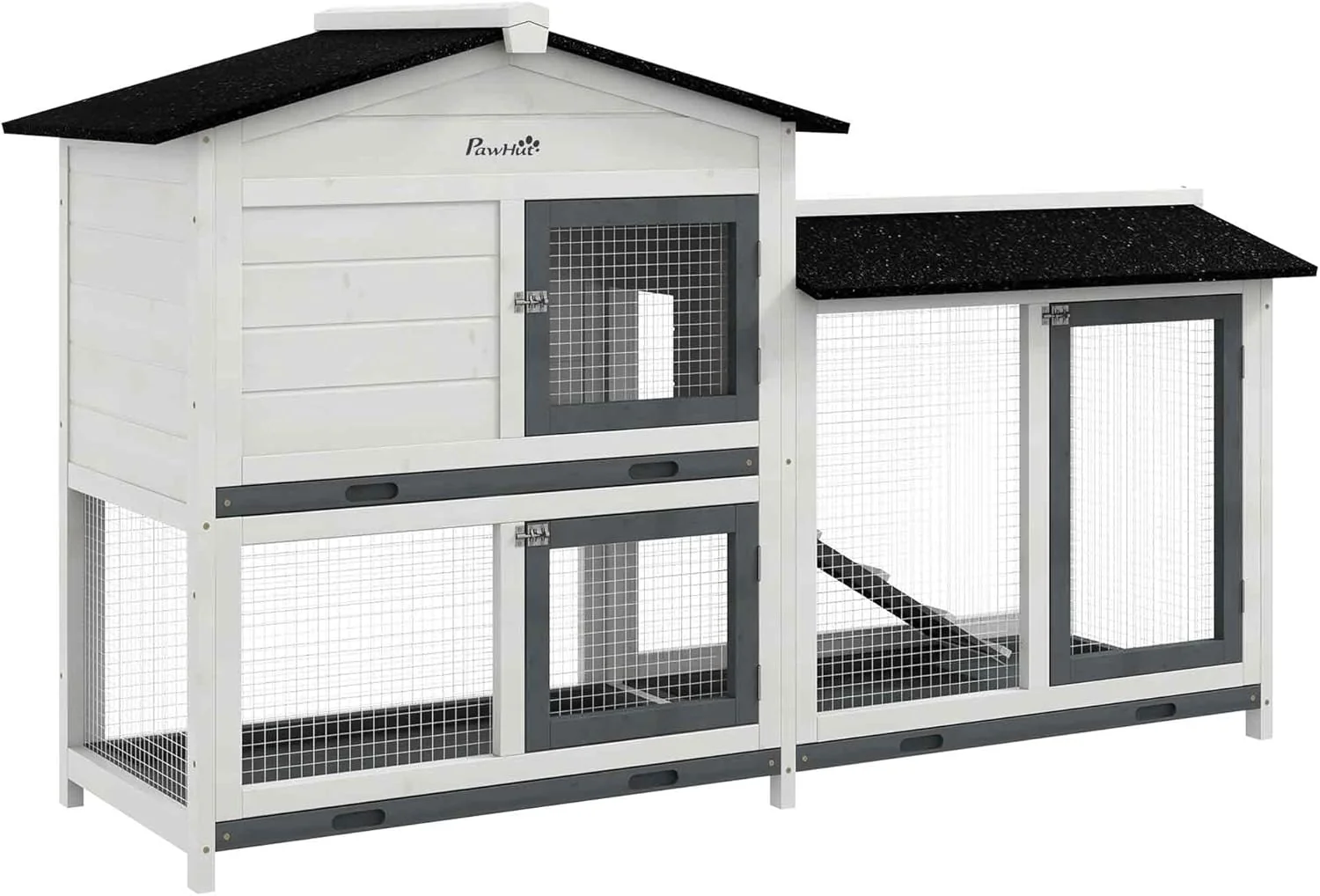 Contemporary PawHut 62 Rabbit Hutch Wooden Bunny Hutch Guinea Pig Cage Small Animal Enclosure with Run Area Removable Tray Asphalt Roof Lockable Doors and Ramp for Rabbits Chickens Ducks White Innovative