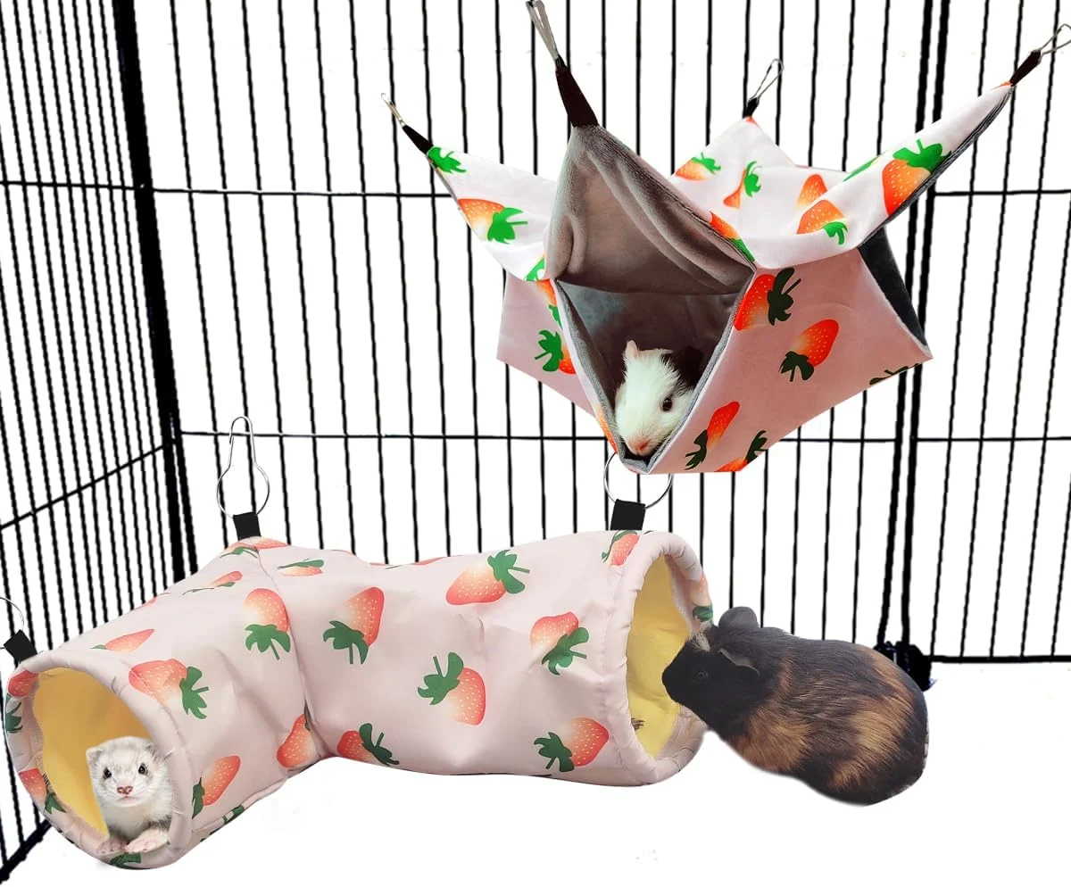 Practical Large Caliber Guinea Pig Rat Tunnel Hideout Hammock Corner Hideout Toy for Guinea Pig Ferret Hedgehog Piggy to Hide and Shuttle 2. Hammock Tunnel-Strawberry Exclusive