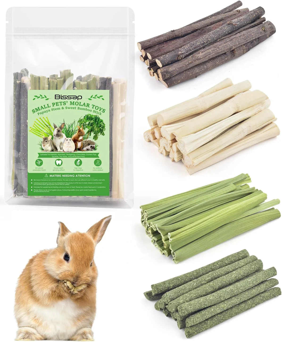 Advanced Bissap 60 PCS Rabbit Chew Sticks Sweet Bamboo Timothy Hay Chew Stick Papaya Stems Apple Branch Bunny Chews for Rabbit Hamster Chinchilla Guinea Pig Small Pet Natural Molar Treats Luxury