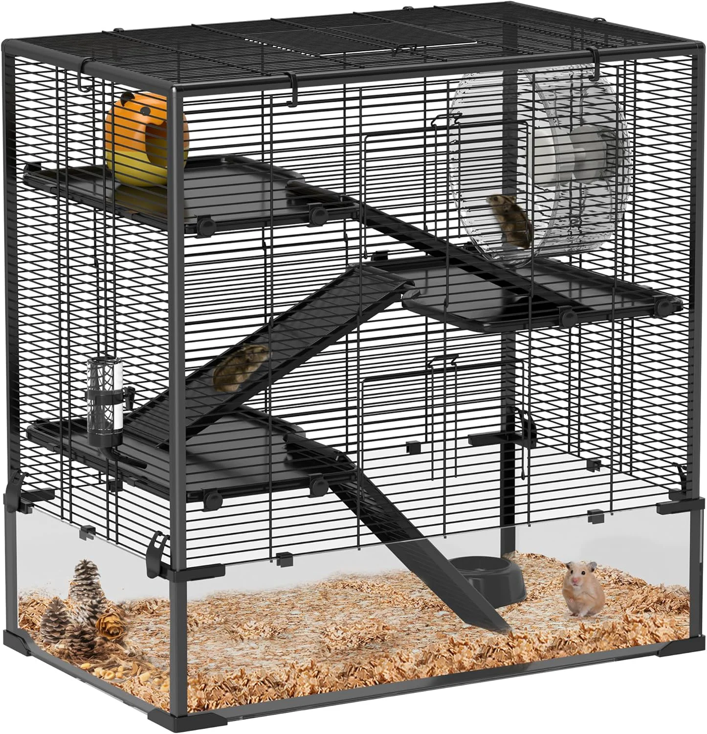 Outstanding PawHut Large Hamster Cage with Deep Tempered Glass Bottom 4 Tiers Hamster Tank with Running Wheel Hut Water Bottle Dish Rat Cage for Syrian Dwarf Gerbils Mouse 31 x 19 x 31.5 Black Relaxed