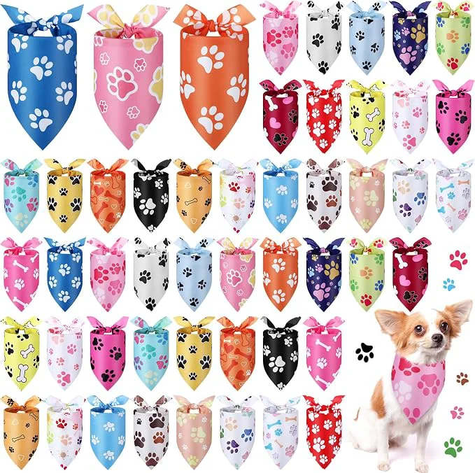 Unique Abbylike 50 Pcs Paw Print Dog Bandanas Bulk Cute Footprint Bandanas Natural