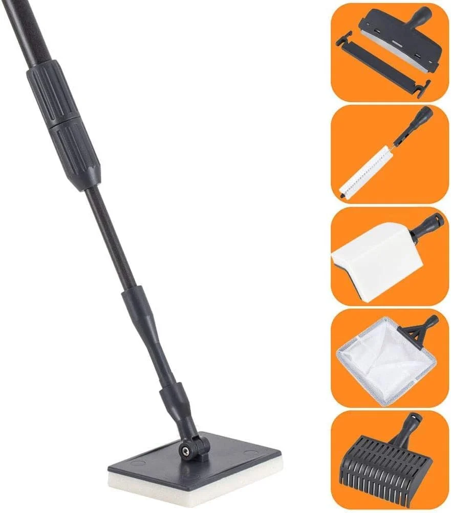 World-Class hygger Carbon Fiber 6 in 1 Aquarium Cleaning Tool Kit Al-gae Scraper Scrubber Pad Sponge Telescopic Handle Fish Tank Brush Cleaner Set for Saltwater Freshwater Smooth