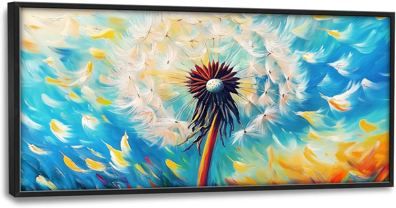 High-Quality Extra Large Abstract Dandelion Framed Wall Art for Living Room Oversized Colorful Dandelion Flower Pictures Wall Decor Blue Canvas Print Painting Modern Artwork Bedroom Office Bathroom 60L x 30W Detailed