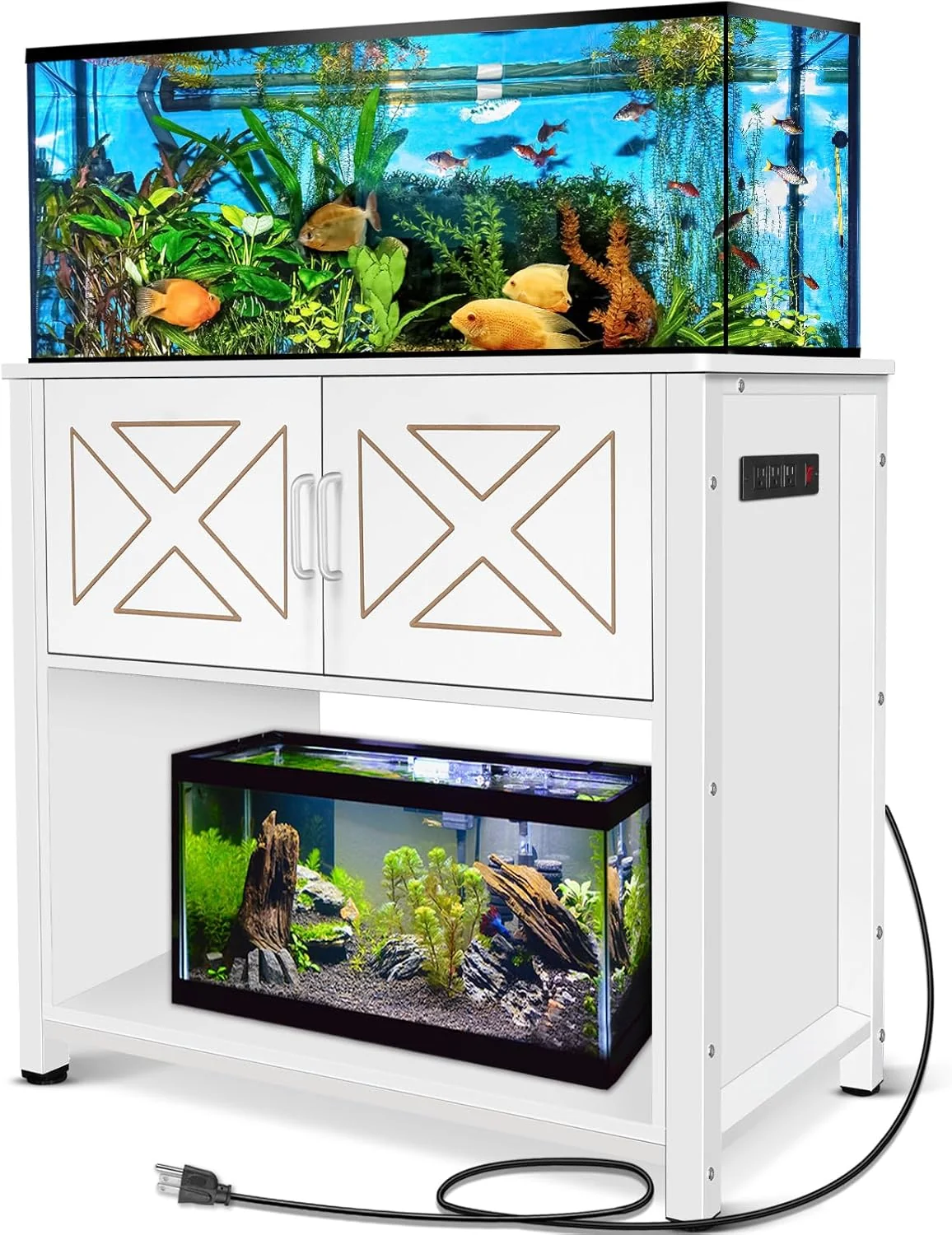 Official 40 Gallon Tank Stand with Cabinet and Power Outlets Heavy Duty Metal Aquarium Stand for 40-50 Gallon Breeder Tank Turtle Tank Double Terrarium Stand 660LBS Capacity White Flexible