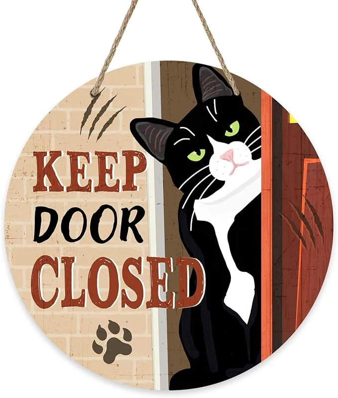 Verified Keep Door Closed Tuxedo Cat Front Door Sign Funny Wood Hanger Bedroom Porch Premium Material