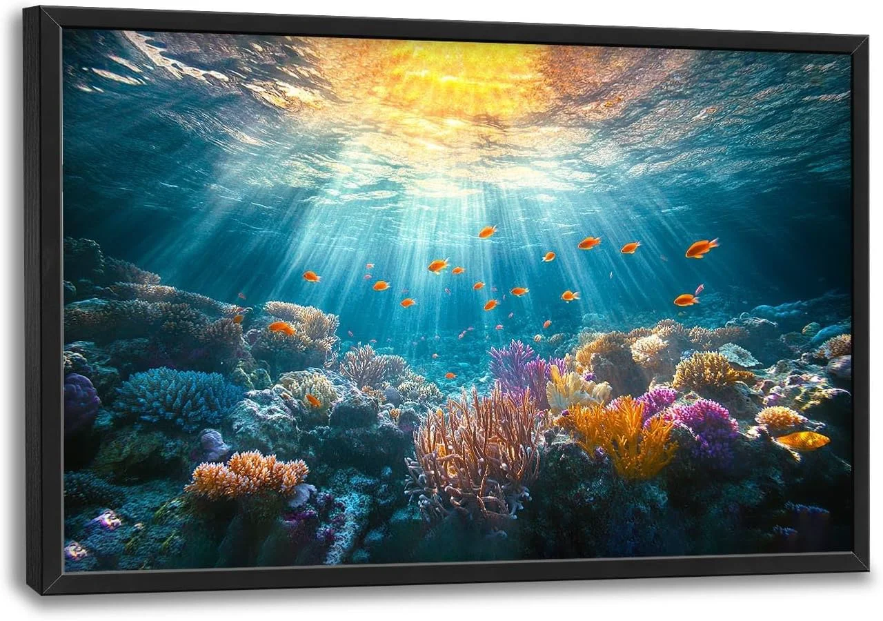 Recyclable Quorin Ocean Large Wall Art Undersea Pictures Sea Nautical Wall Decor Coral Reef Fish Canvas Print Painting Artwork for Bathroom Living Room Bedroom 36L x 24W Authentic