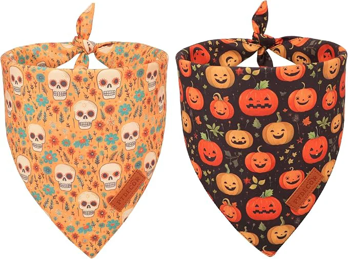 Classic PTDECOR Halloween Dog Bandana Skeleton Pumpkin Reversible Holiday Dog Scarf Exclusive