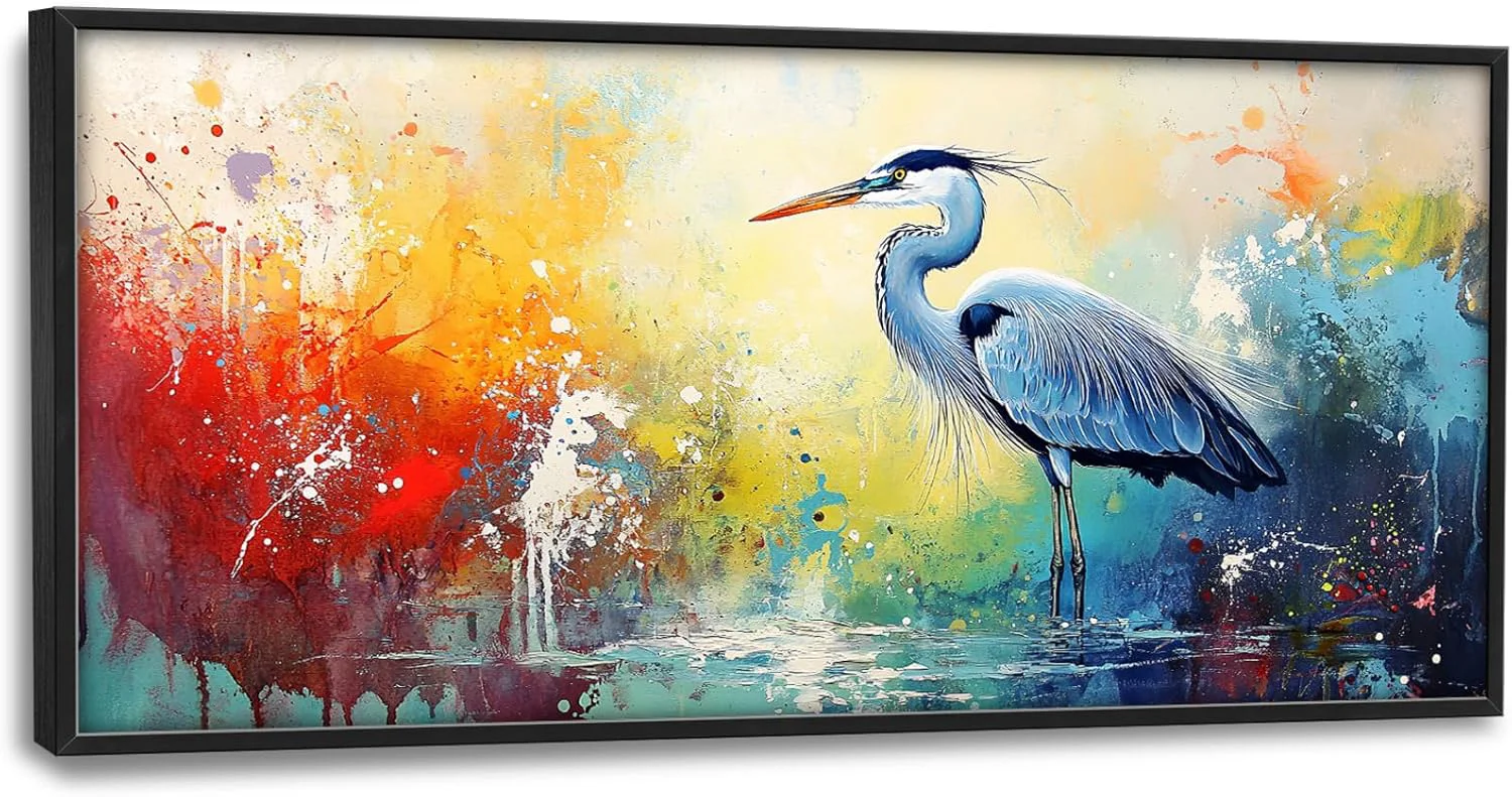 Healthy Extra Large Framed Abstract Heron Wall Art Oversized Colorful Graffiti Heron Wall Decor Pictures for Living Room Canvas Print Painting Modern Artwork Bedroom Office Bathroom Home Decor 60L x 30W Elegant