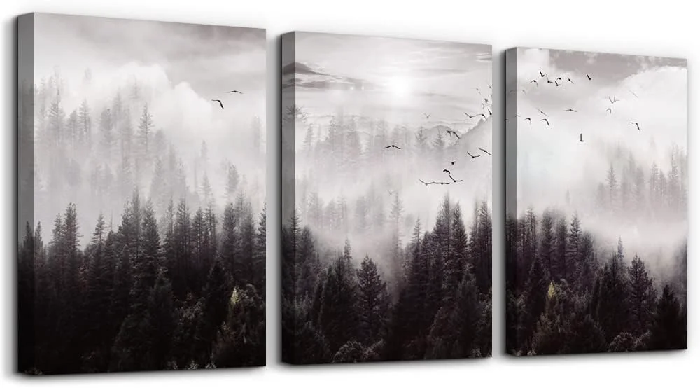 Traditional Framed Canvas Art - Boho Wall Decor Set of 3 Foggy Forest Trees Scenery for Living Room Bedroom Office Farmhouse Home Decoration Modern