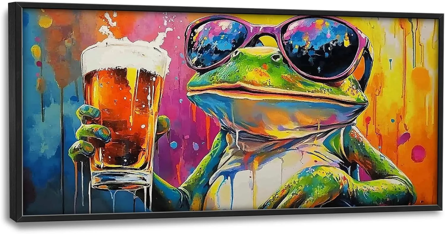 Relaxed Large Graffiti Frog Wall Art for Living Room Framed Oversized Funny Frog Beer Wall Decor Colorful Animal Canvas Painting Modern Artwork for Bathroom Bedroom Office Dining Room 60 x30 Powerful