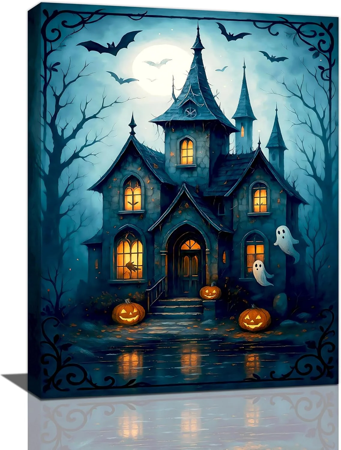 Original Design Halloween Gothic Wall Art Castle Pumpkin Ghost Bat Canvas Wall Decor Dark Academia Pictures Painting Print Framed Artwork Decorations Gifts for Halloween Living Room Bedroom Office 12 x16 High-Performance