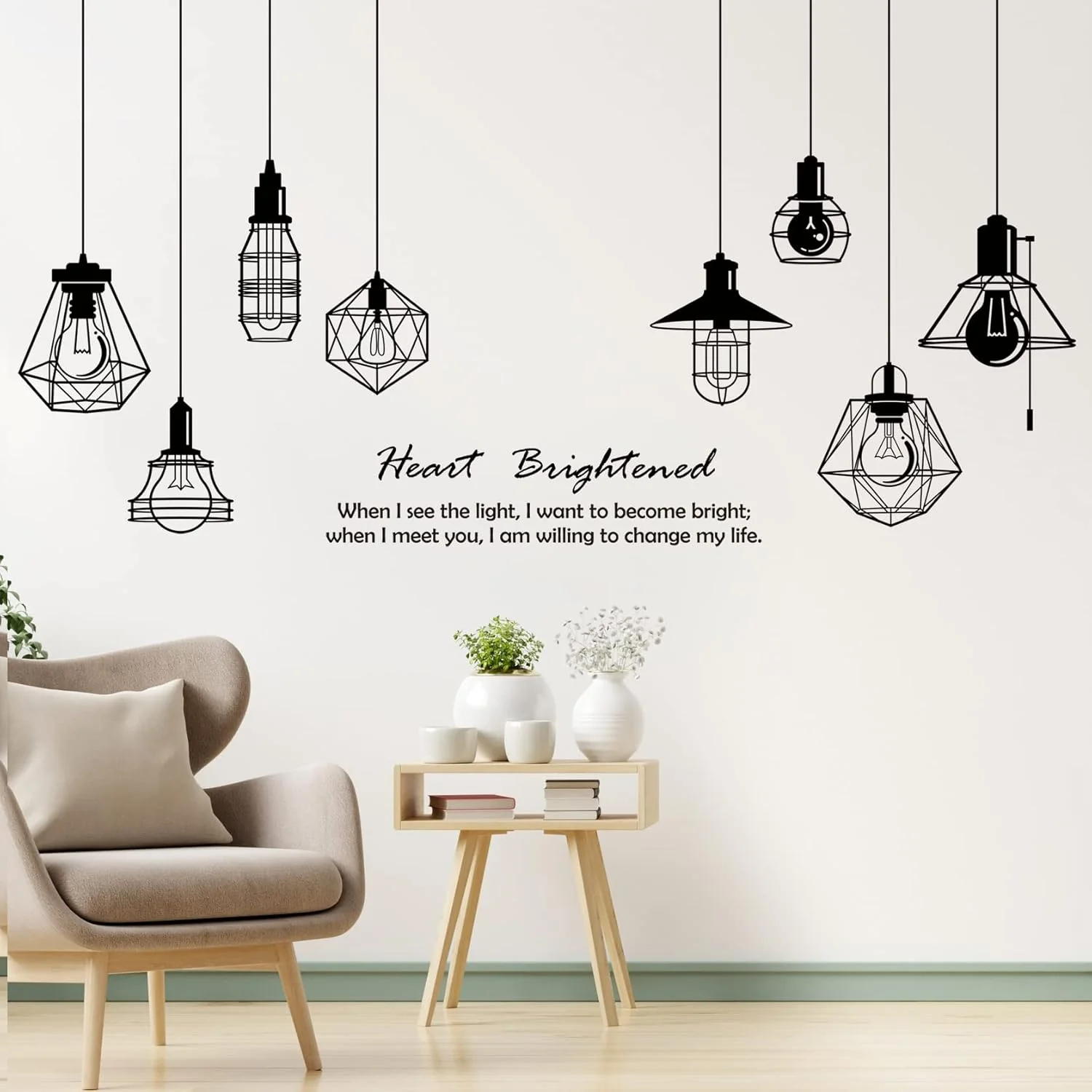 Easy-to-Use Removable 8pcs Hanging Black Vinyl Chandeliers Wall Sticker Quotes Heart Brightened Wall Decal DIY Peel and Stick Decor for Kids Boys and Girls Bedroom Living Room Studyroom Playroom Classroom World-Class