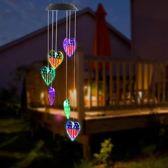 Professional American Flag Solar Wind Chimes Heart-Shaped Love Patriotic Wind Chime Color Verified