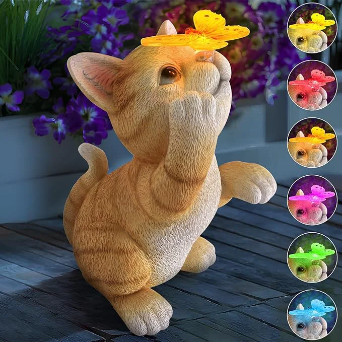 Certified Solar Garden Statue Cat Figurine Resin Cat Statue Playing Butterfly Outdoor Functional
