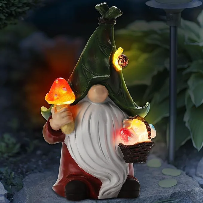 Responsible Gnome Solar Garden Statue with 3 LED Lights Mushroom-Picking Gnome Statue Versatile